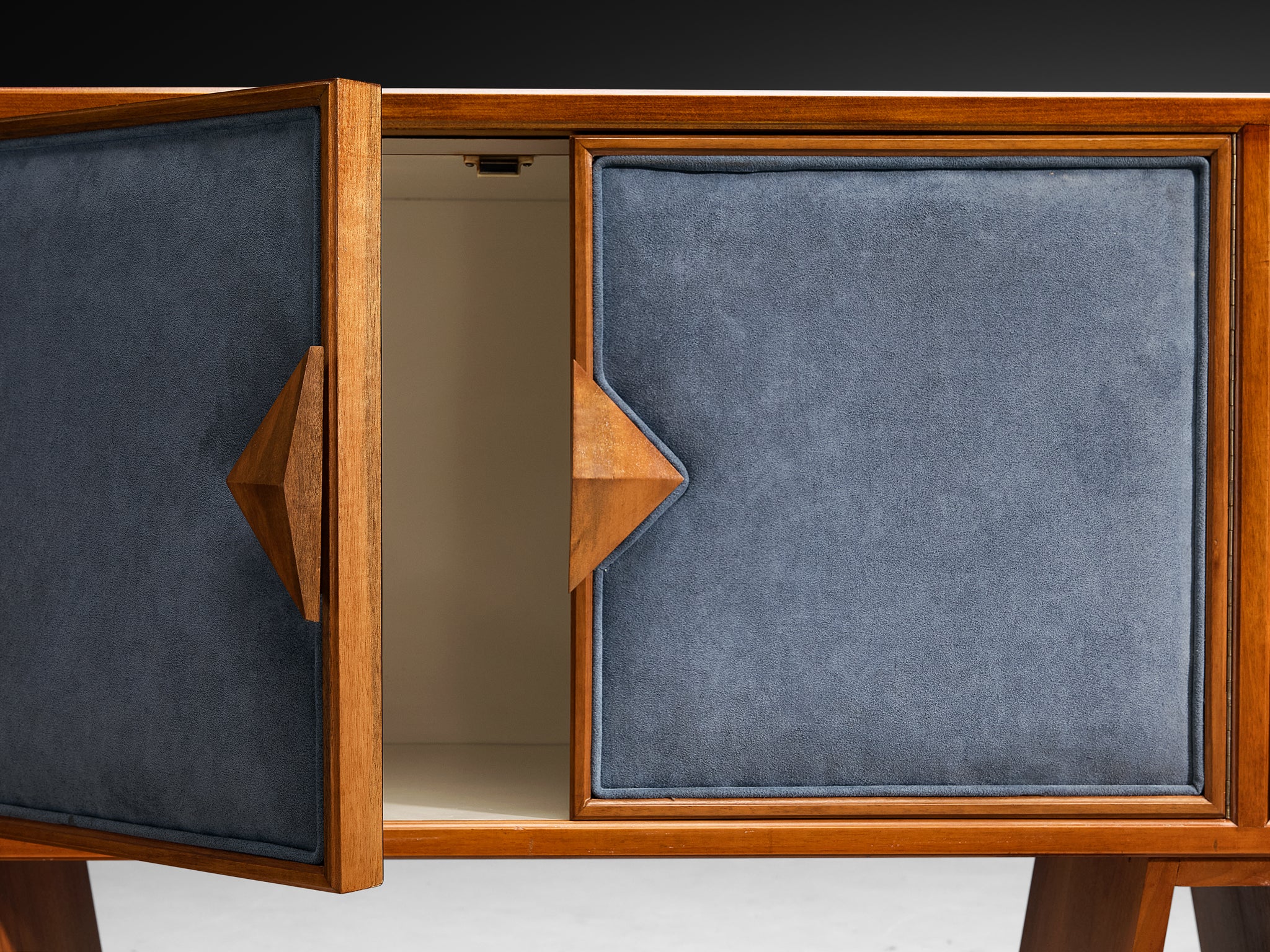Luxurious Mid-Century Italian Walnut Sideboard with Blue Fabric Doors Case pieces and storage cabinets Morentz