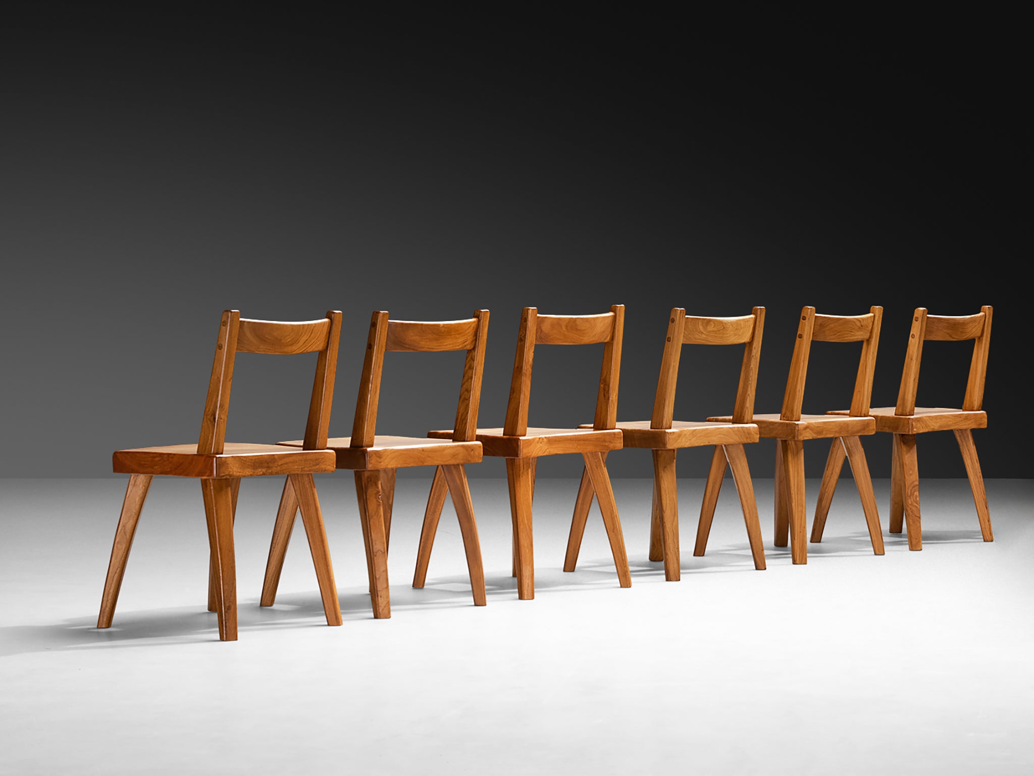 Set of Six French Naturalistic Dining Chairs in Solid Elm Seating Morentz