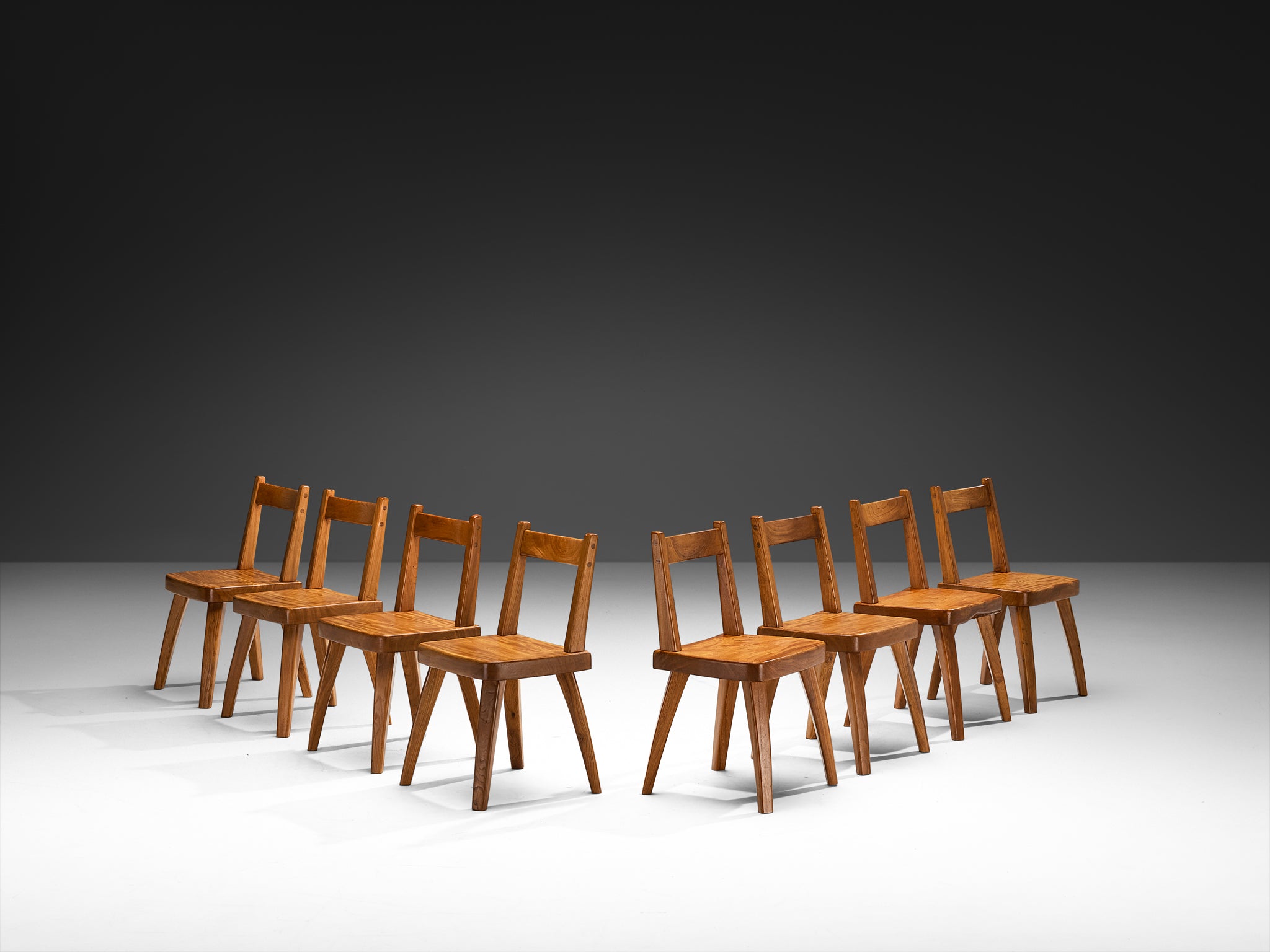 Set of Eight French Naturalistic Dining Chairs in Solid Elm Seating Morentz