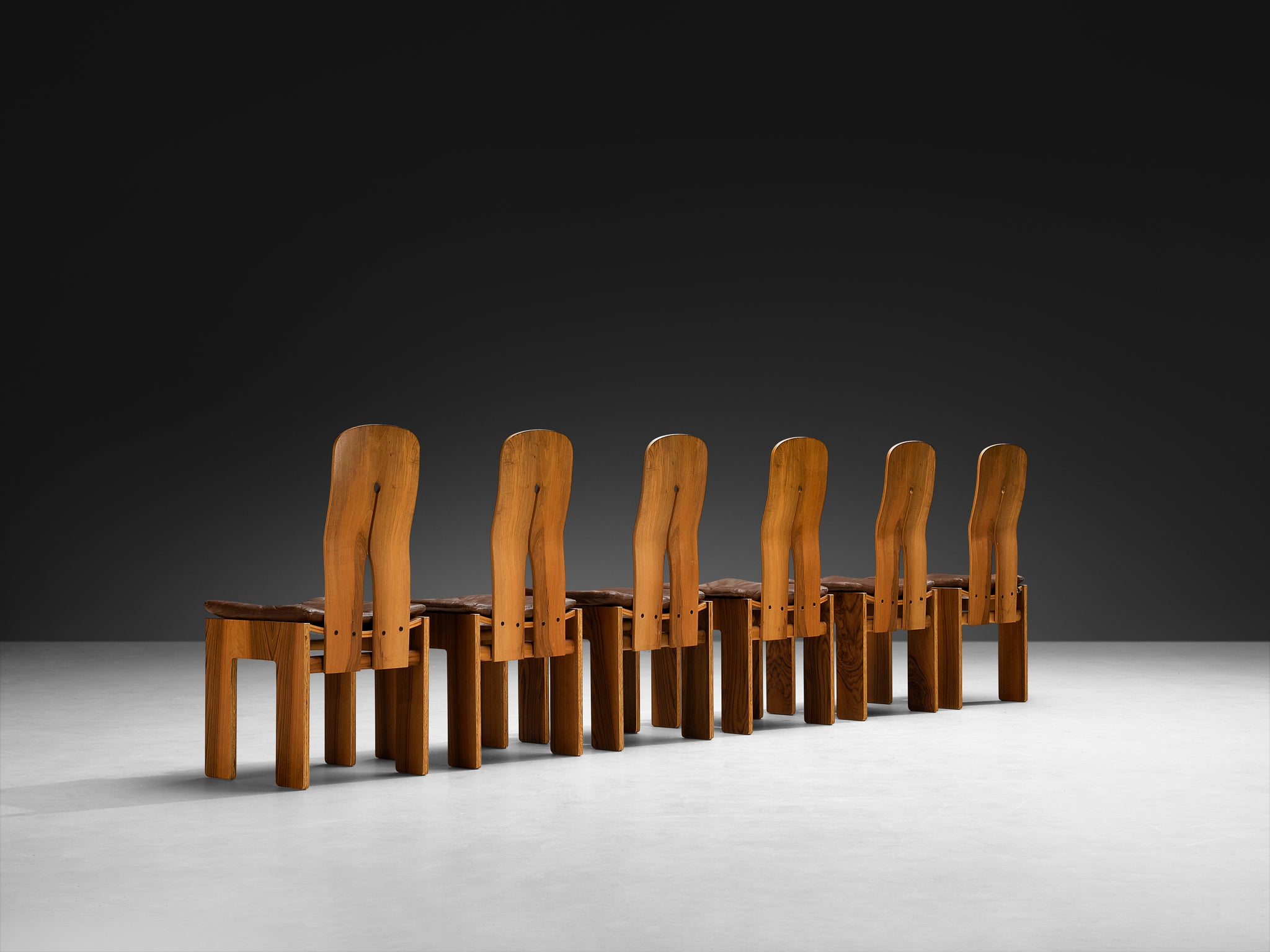 Carlo Scarpa for Bernini Set of Six Dining Chairs in Walnut and Brown Leather