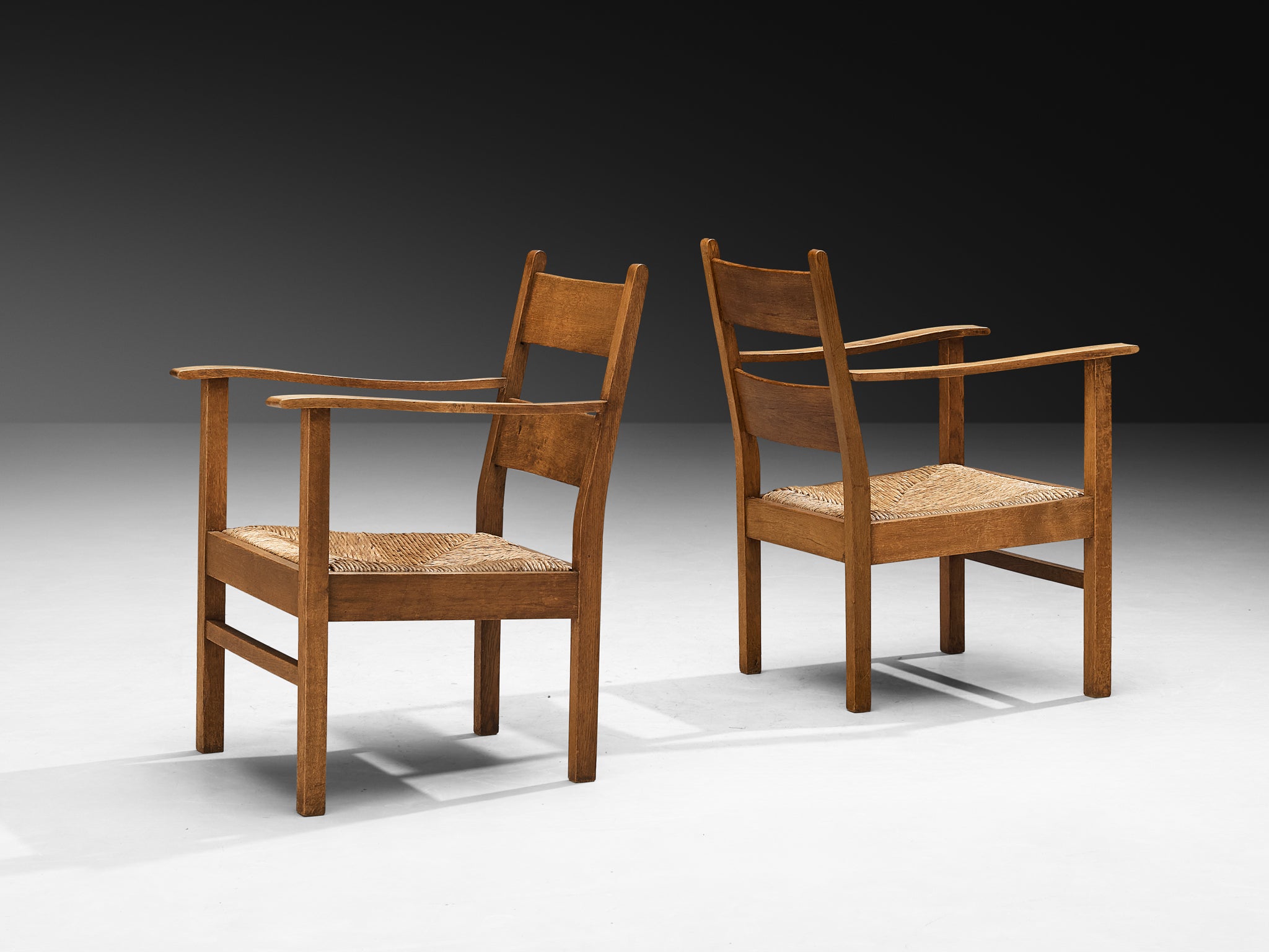 Pair of Dutch Rustic Armchairs in Solid Oak and Straw Seating Morentz