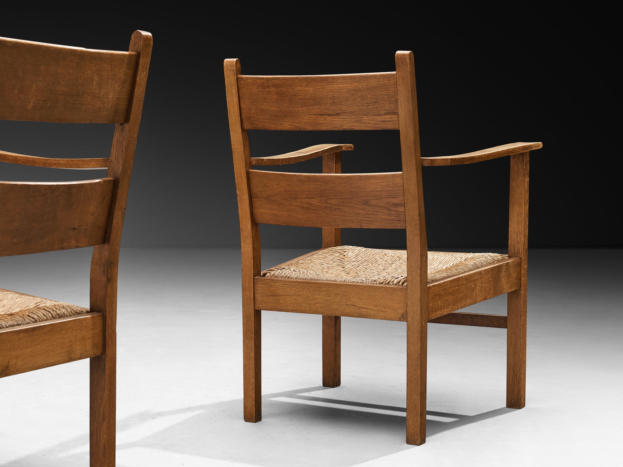 Pair of Dutch Rustic Armchairs in Solid Oak and Straw Seating Morentz