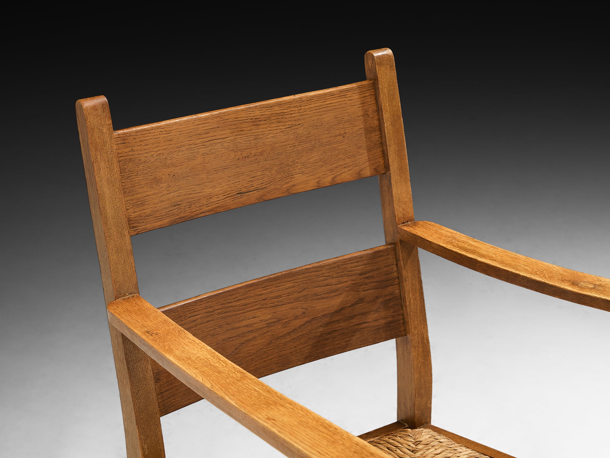 Pair of Dutch Rustic Armchairs in Solid Oak and Straw Seating Morentz