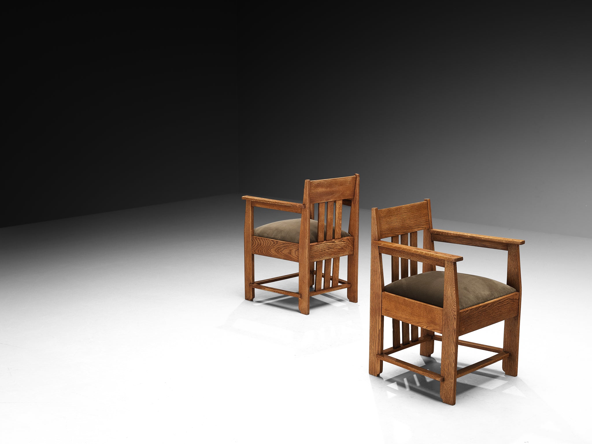 Haagse School Pair of Lounge Chairs in Oak and Green Fabric Seating Morentz