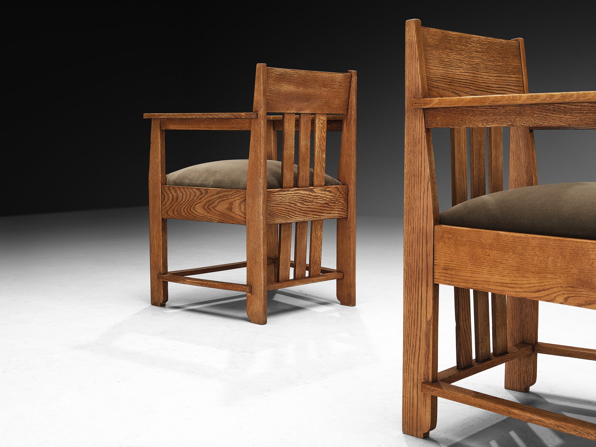 Haagse School Pair of Lounge Chairs in Oak and Green Fabric Seating Morentz