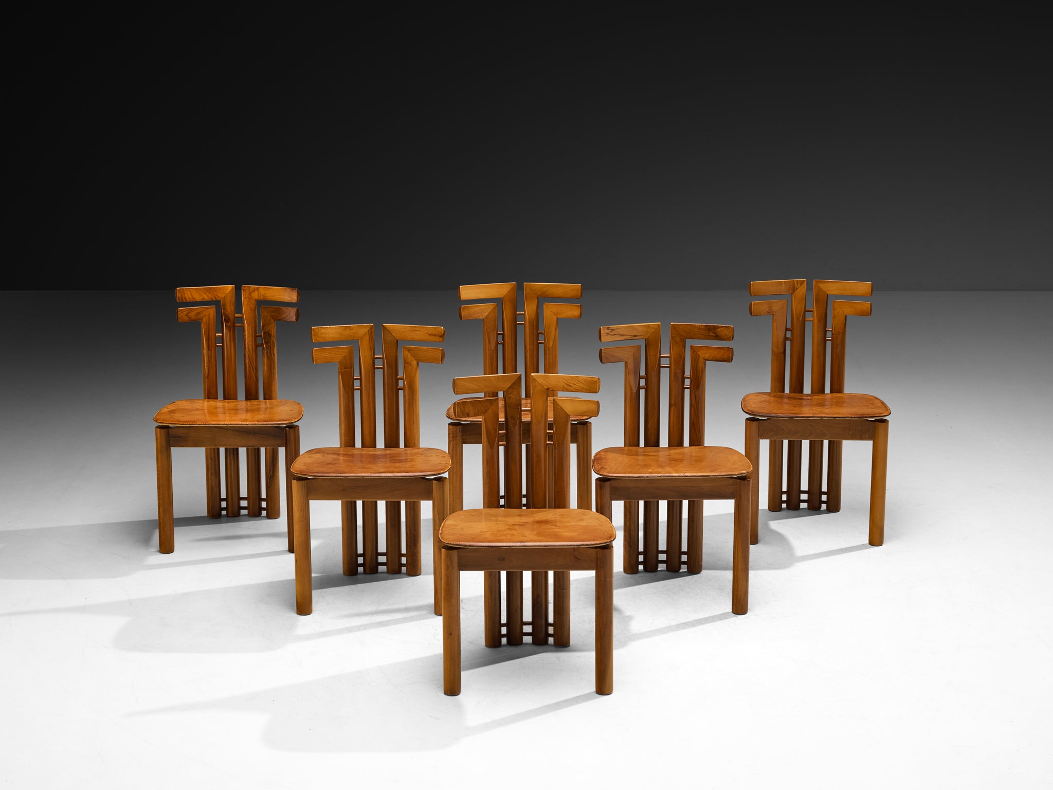 Post-Modern Italian Dining Chairs in Walnut and Cognac Leather Seating Morentz