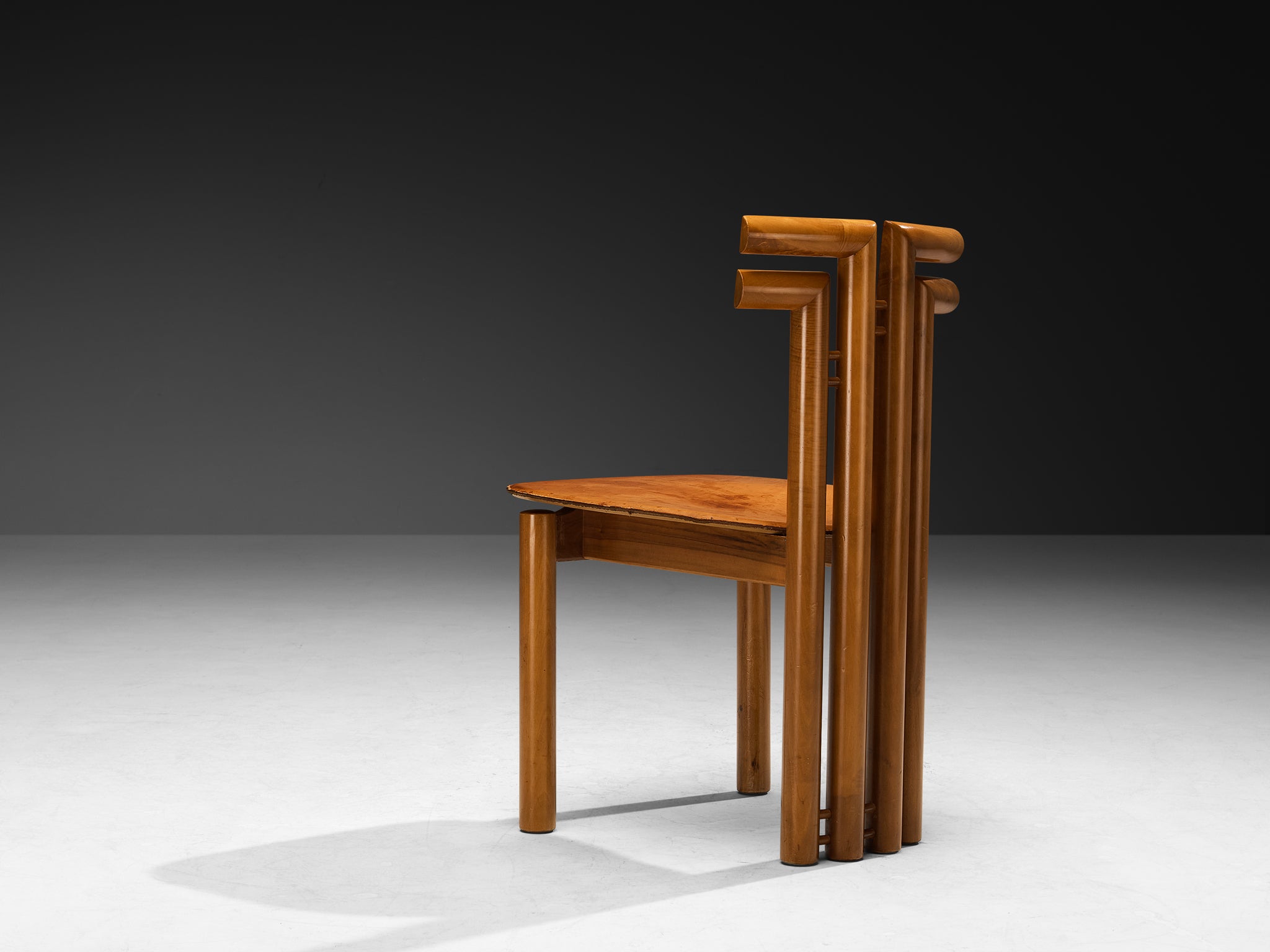 Post-Modern Italian Dining Chairs in Walnut and Cognac Leather Seating Morentz