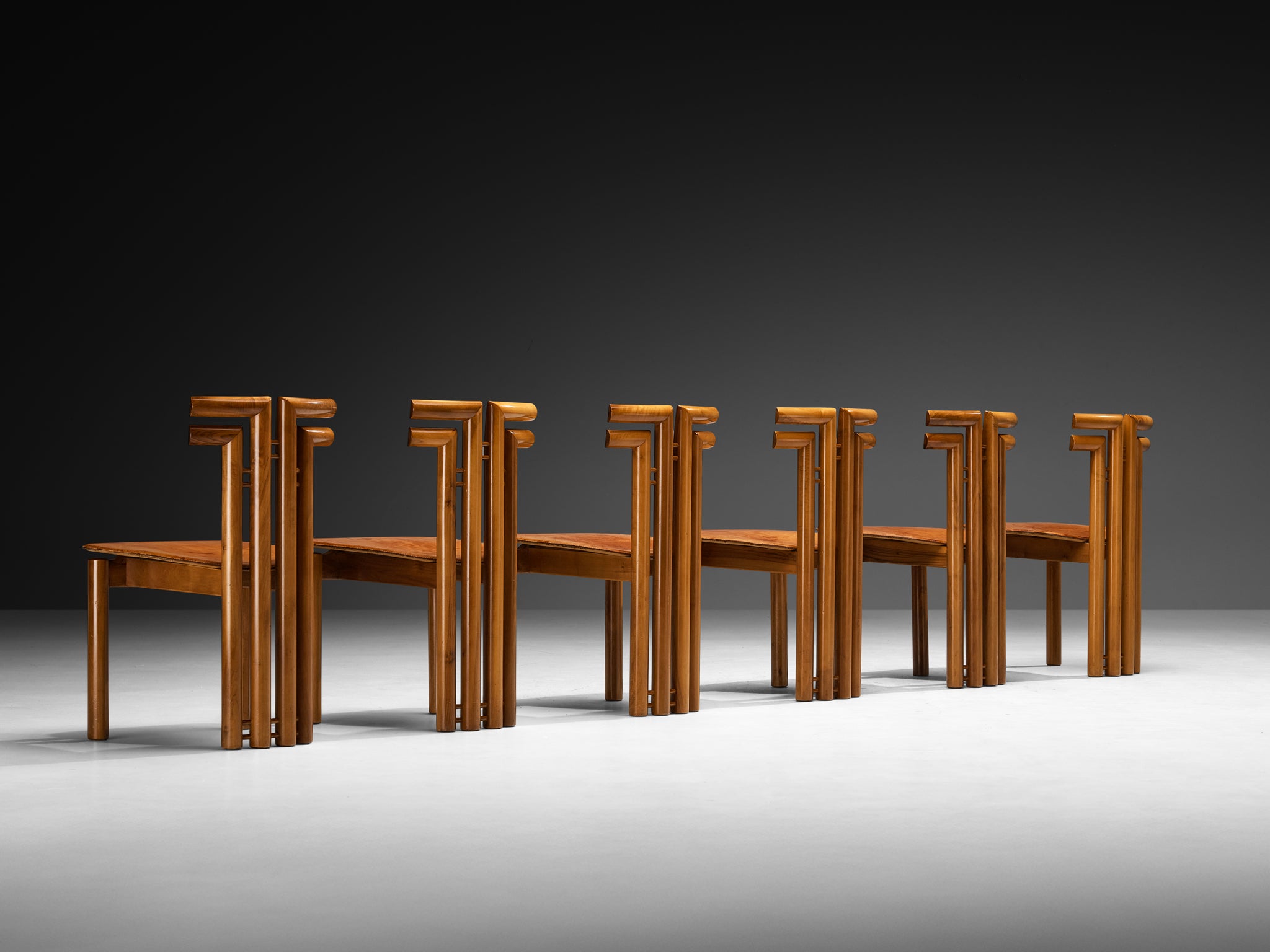 Post-Modern Italian Dining Chairs in Walnut and Cognac Leather Seating Morentz