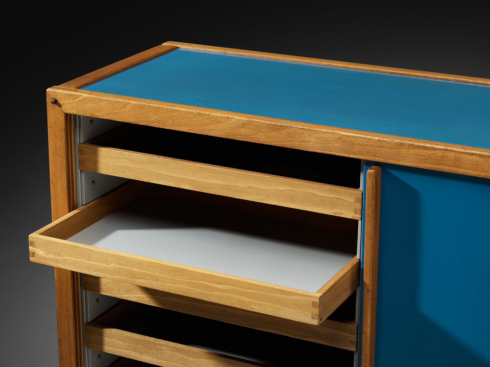 André Sornay Rare Sideboard with Double-Sliding Doors in Blue and Black