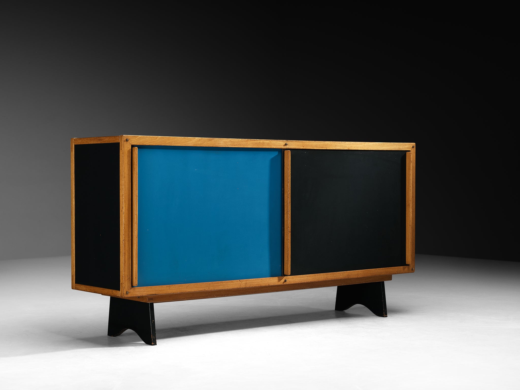 André Sornay Rare Sideboard with Double-Sliding Doors in Blue and Black Case pieces and storage cabinets Morentz