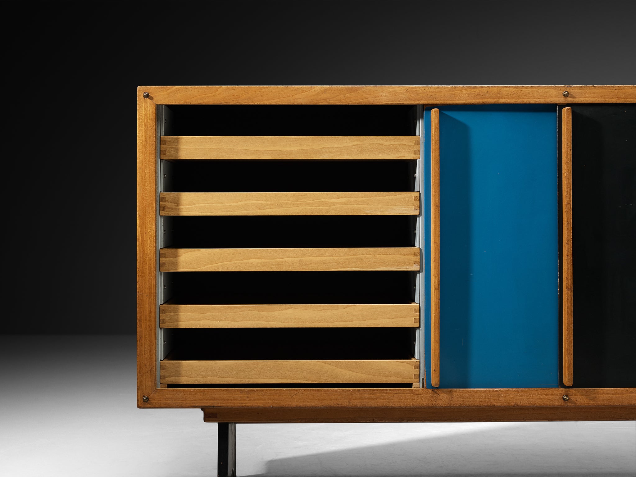 André Sornay Rare Sideboard with Double-Sliding Doors in Blue and Black Case pieces and storage cabinets Morentz