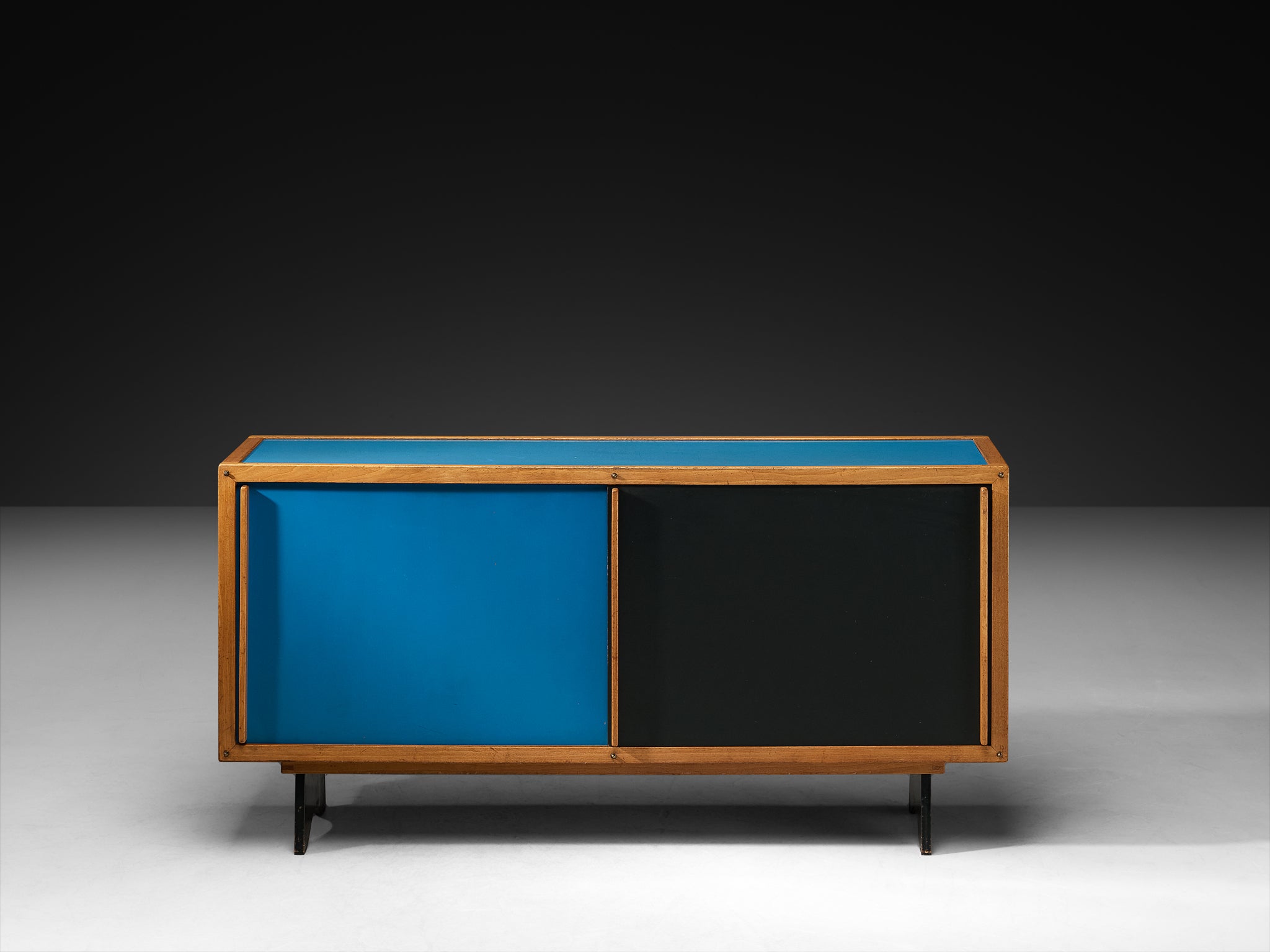 André Sornay Rare Sideboard with Double-Sliding Doors in Blue and Black