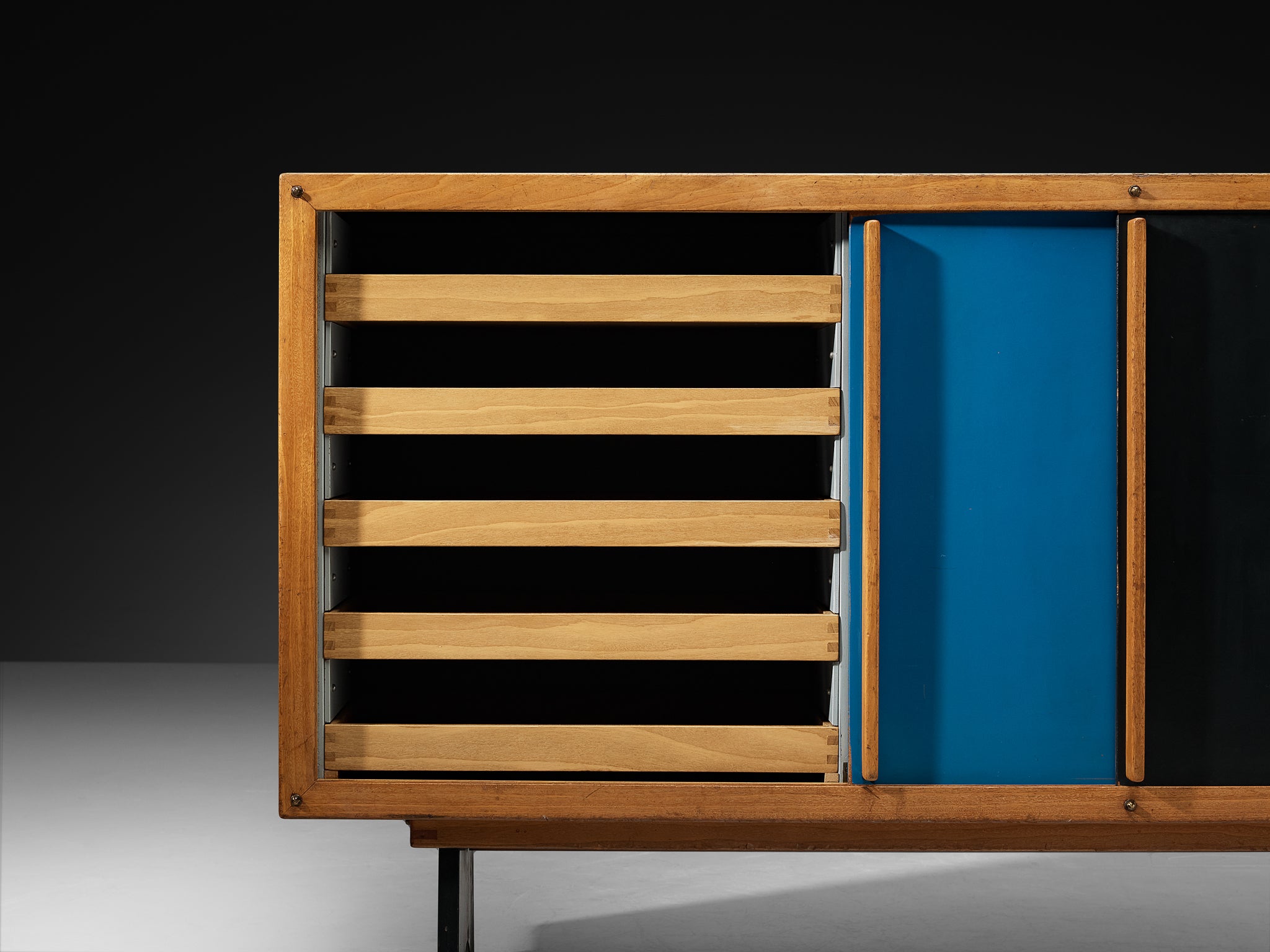 André Sornay Rare Sideboard with Double-Sliding Doors in Blue and Black