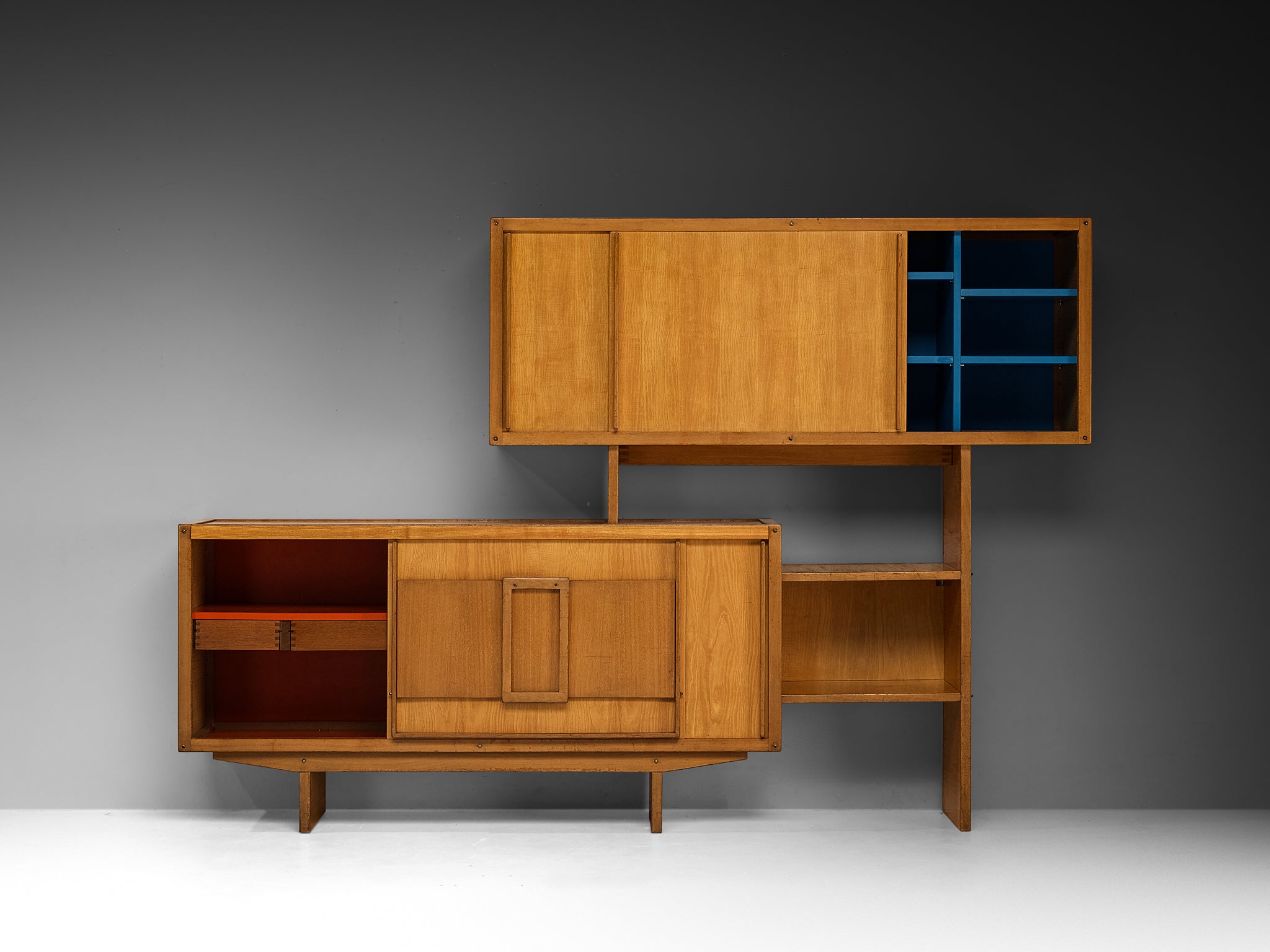 André Sornay Rare Geometric Bookcase with Sliding-Doors in Ash Case pieces and storage cabinets Morentz