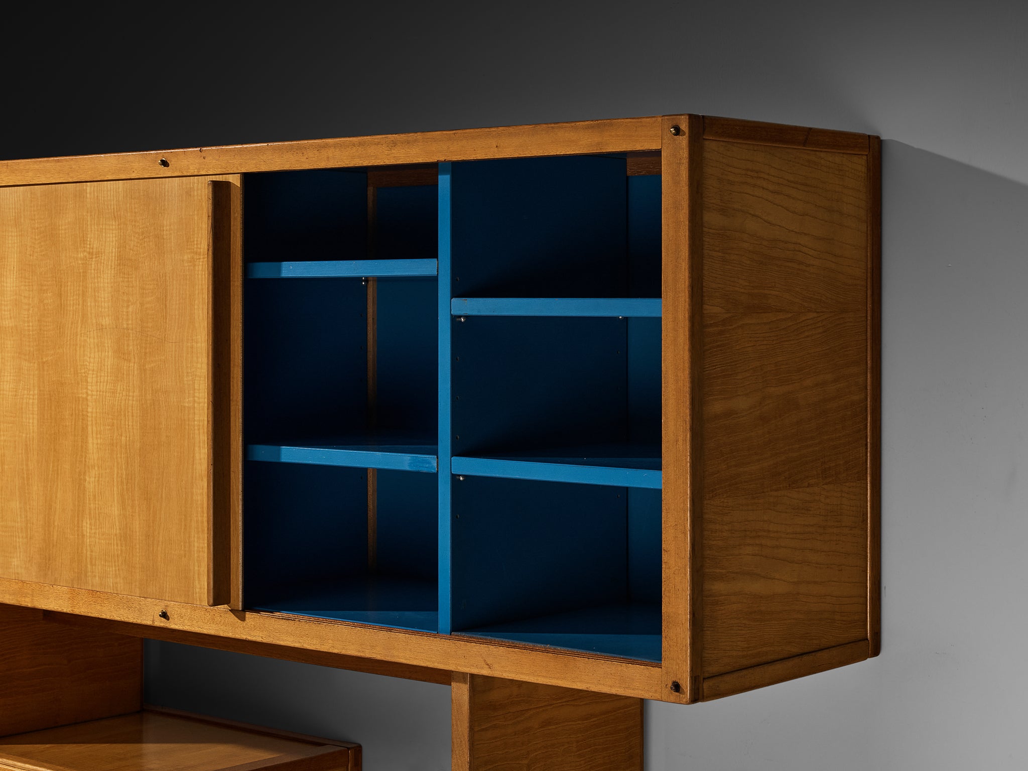 André Sornay Rare Geometric Bookcase with Sliding-Doors in Ash Case pieces and storage cabinets Morentz