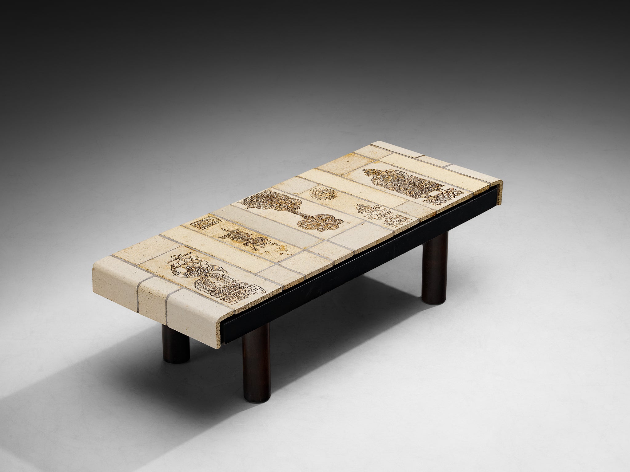 Roger Capron Coffee table with Illustrative Imprints in Ceramic and Wood Tables Morentz