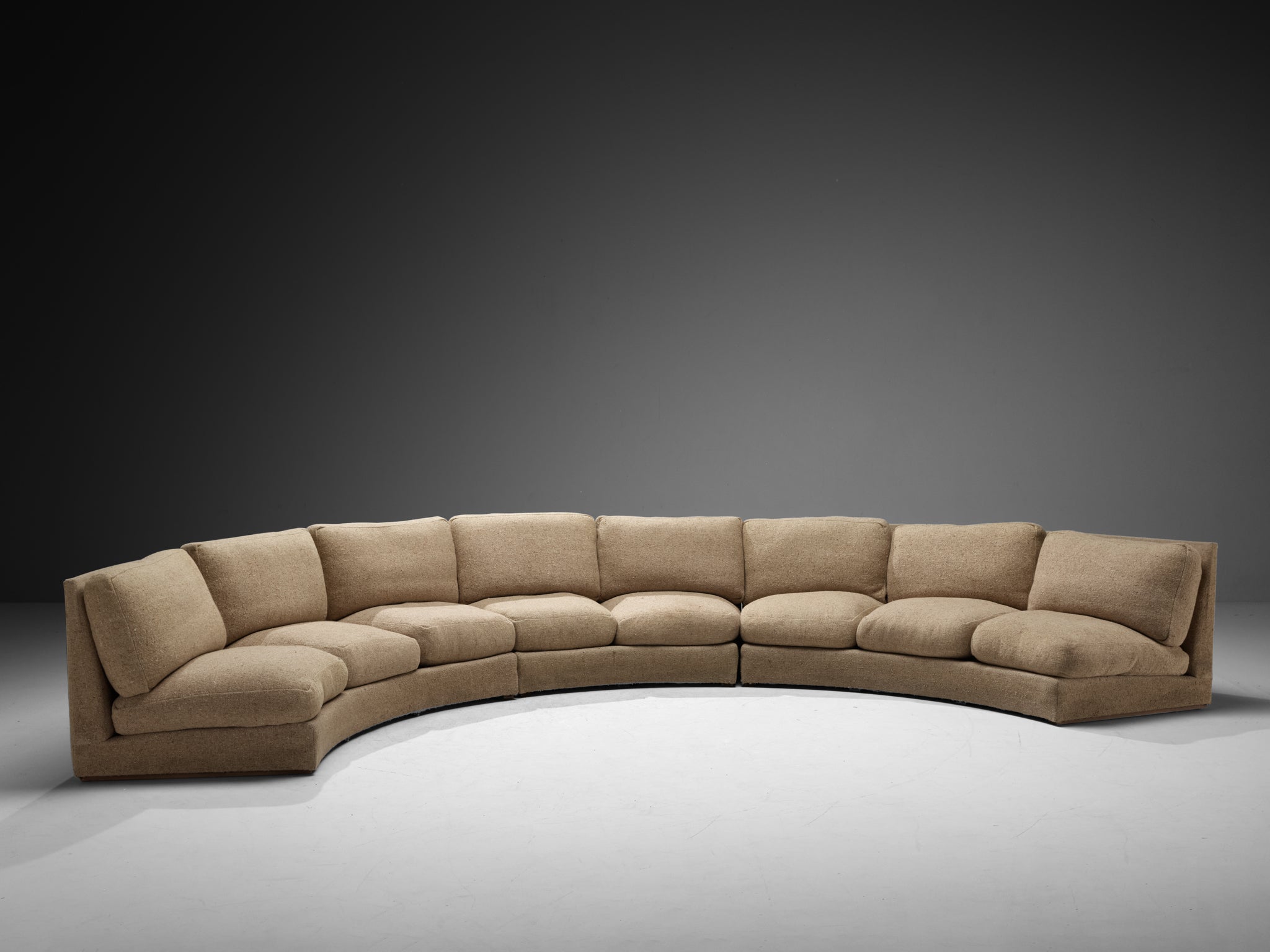 Grand French Mid-Century Modern Modular Curved Sofa in Beige Wool 515cm/202.76in Seating Morentz