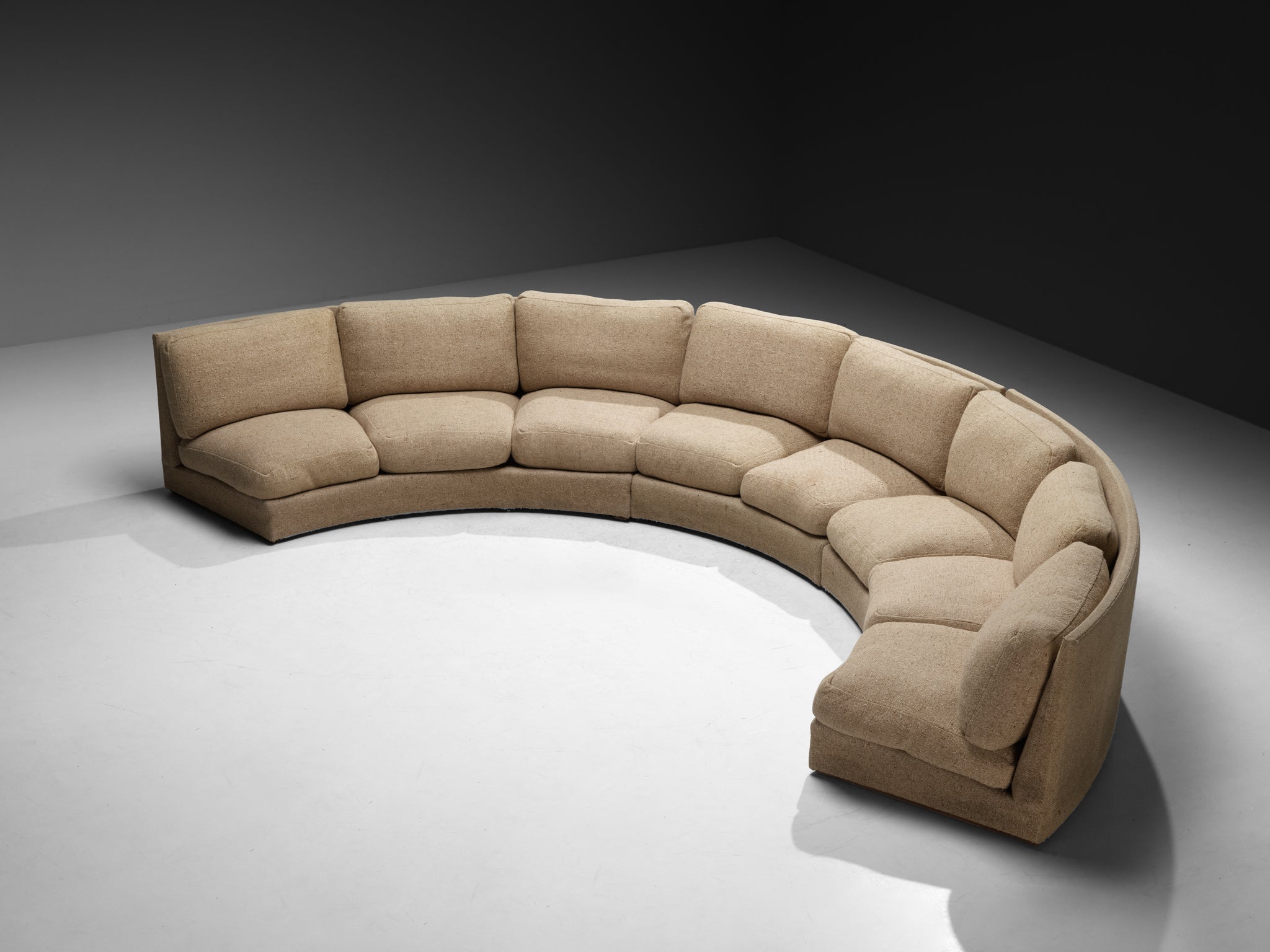 Grand French Mid-Century Modern Modular Curved Sofa in Beige Wool 515cm/202.76in Seating Morentz