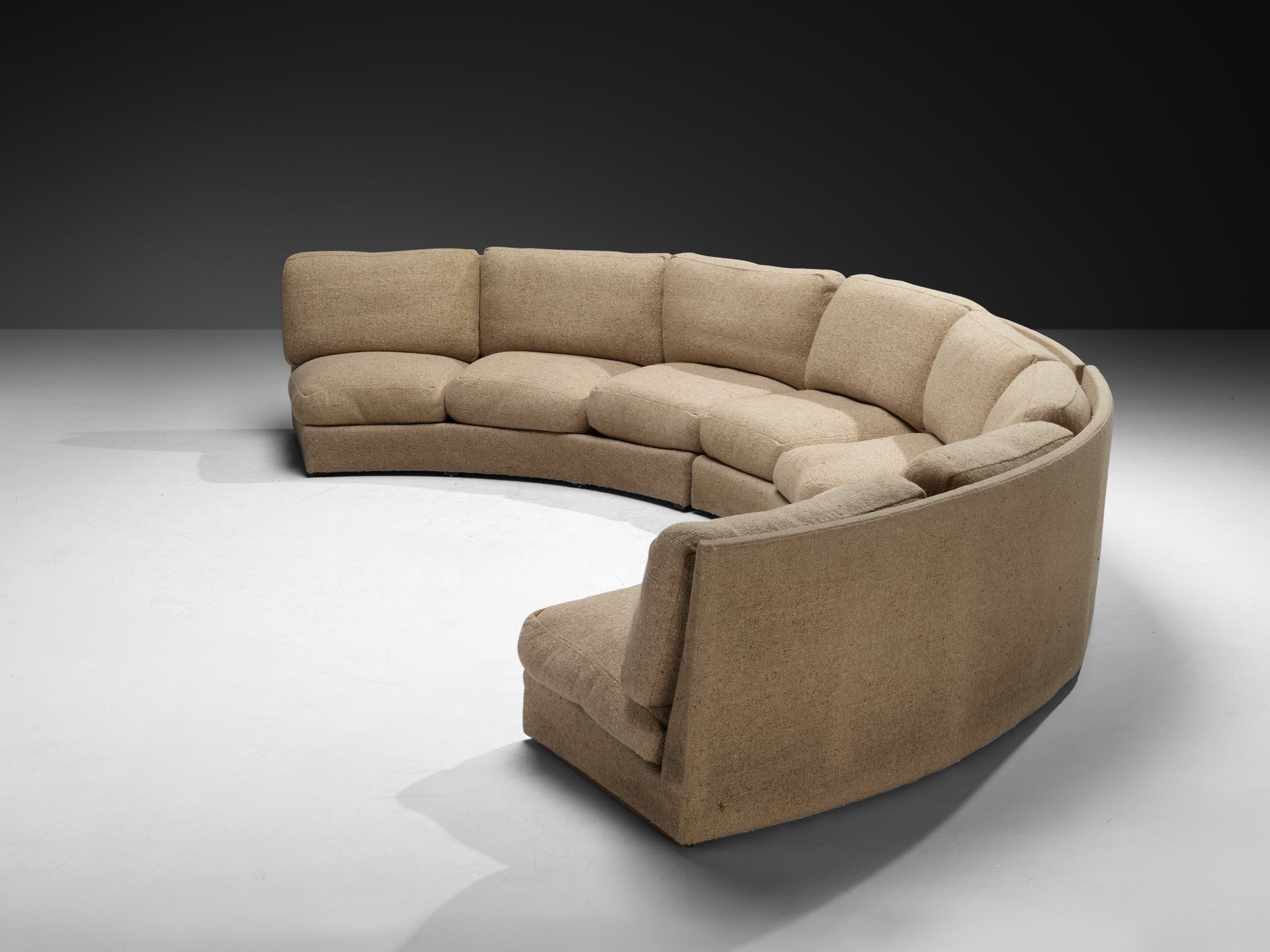 Grand French Mid-Century Modern Modular Curved Sofa in Beige Wool 515cm/202.76in Seating Morentz