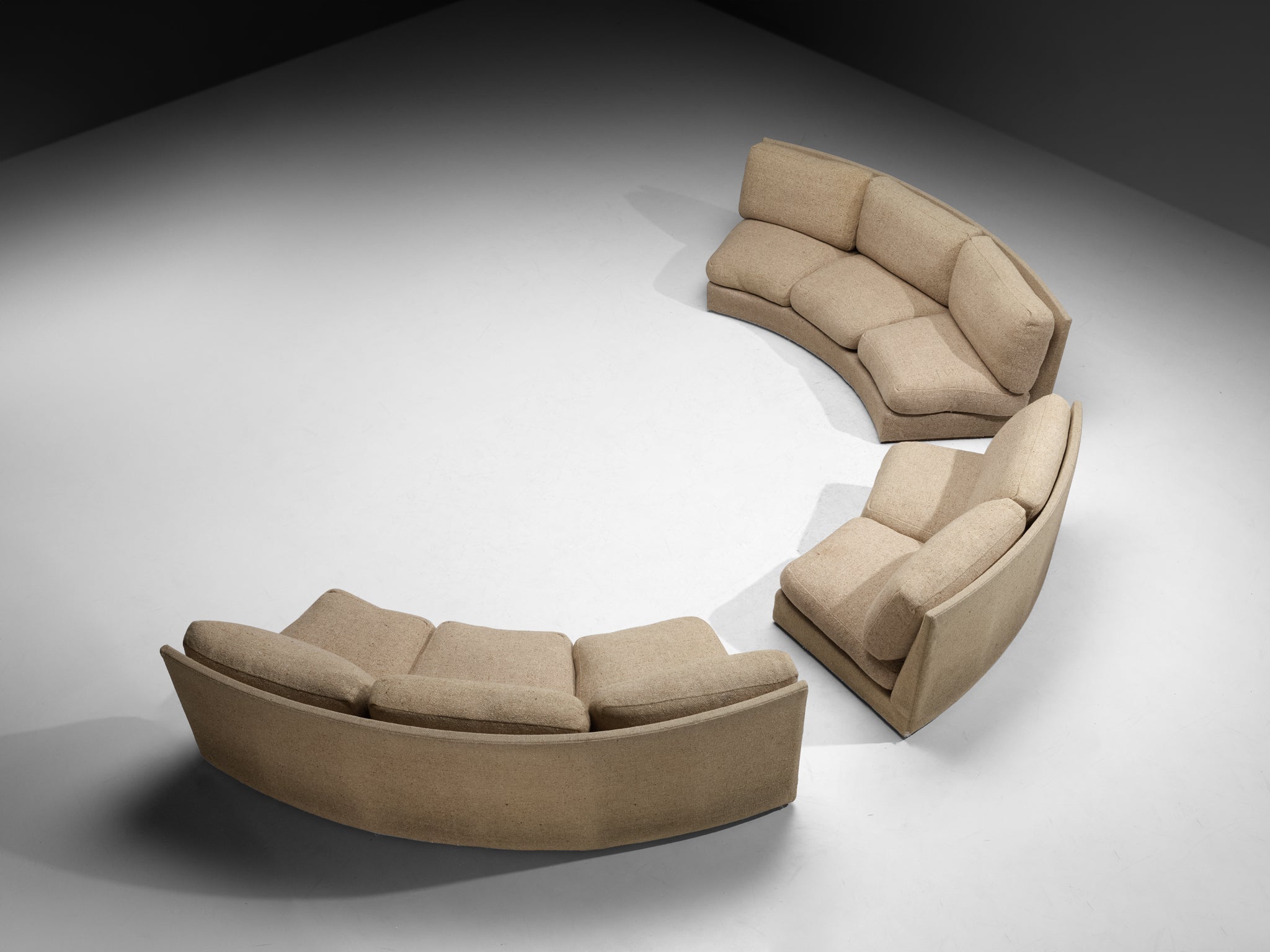 Grand French Mid-Century Modern Modular Curved Sofa in Beige Wool 515cm/202.76in Seating Morentz