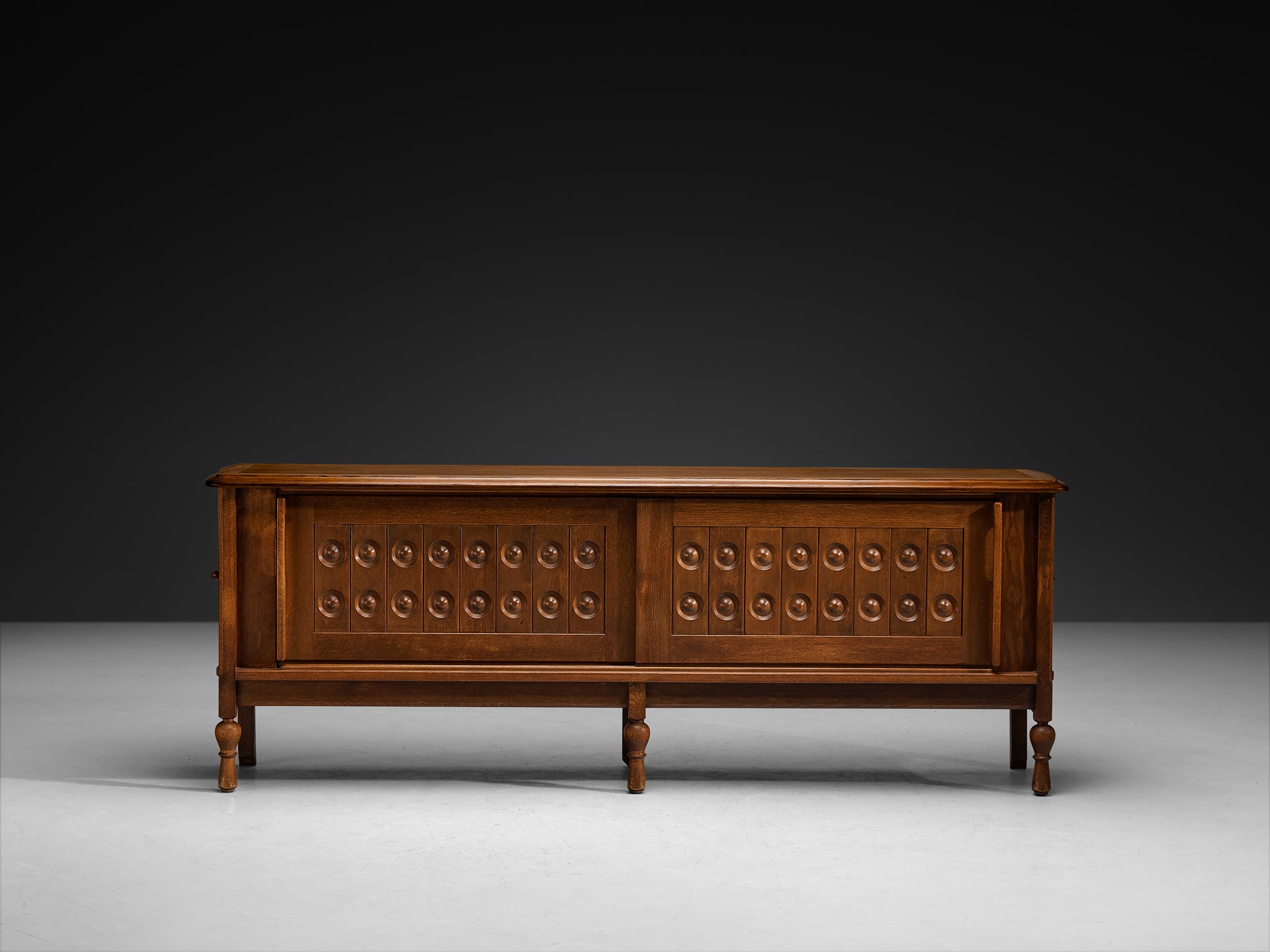 Guillerme et Chambron Sculptural Carved Sideboard in Solid Oak and Brass
