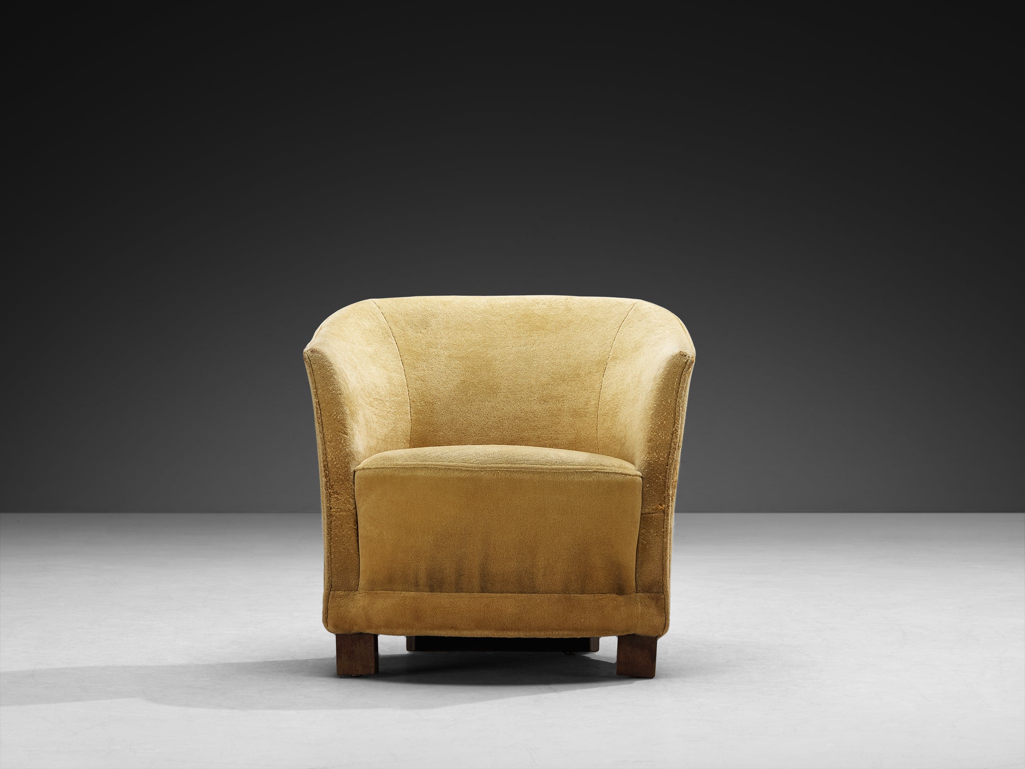 Pair of Art Deco Curved Lounge Chairs in Camel Beige Fabric Seating Morentz