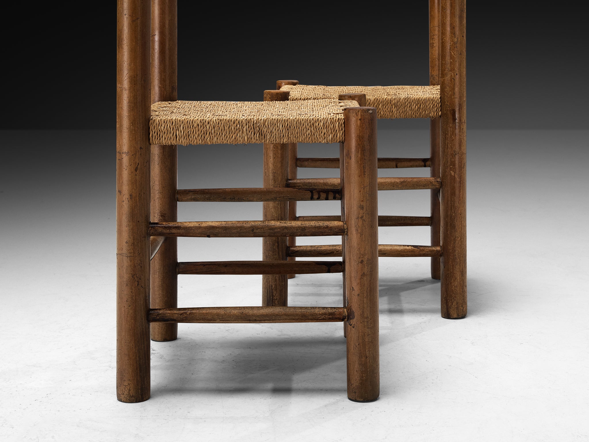 French Mid-Century Rustic Modern Dining Chairs in Wood and Rush