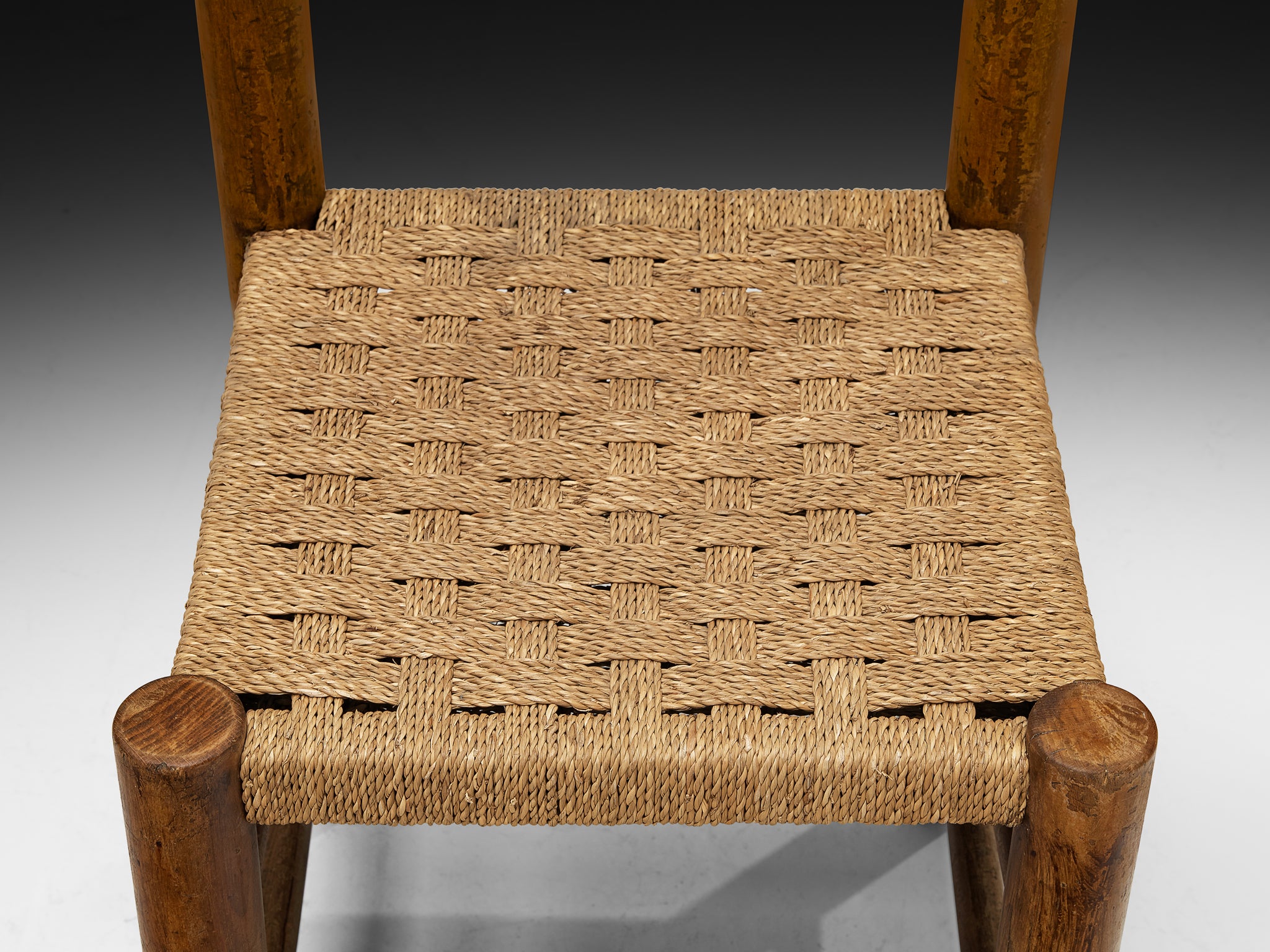 French Mid-Century Rustic Modern Dining Chairs in Wood and Rush