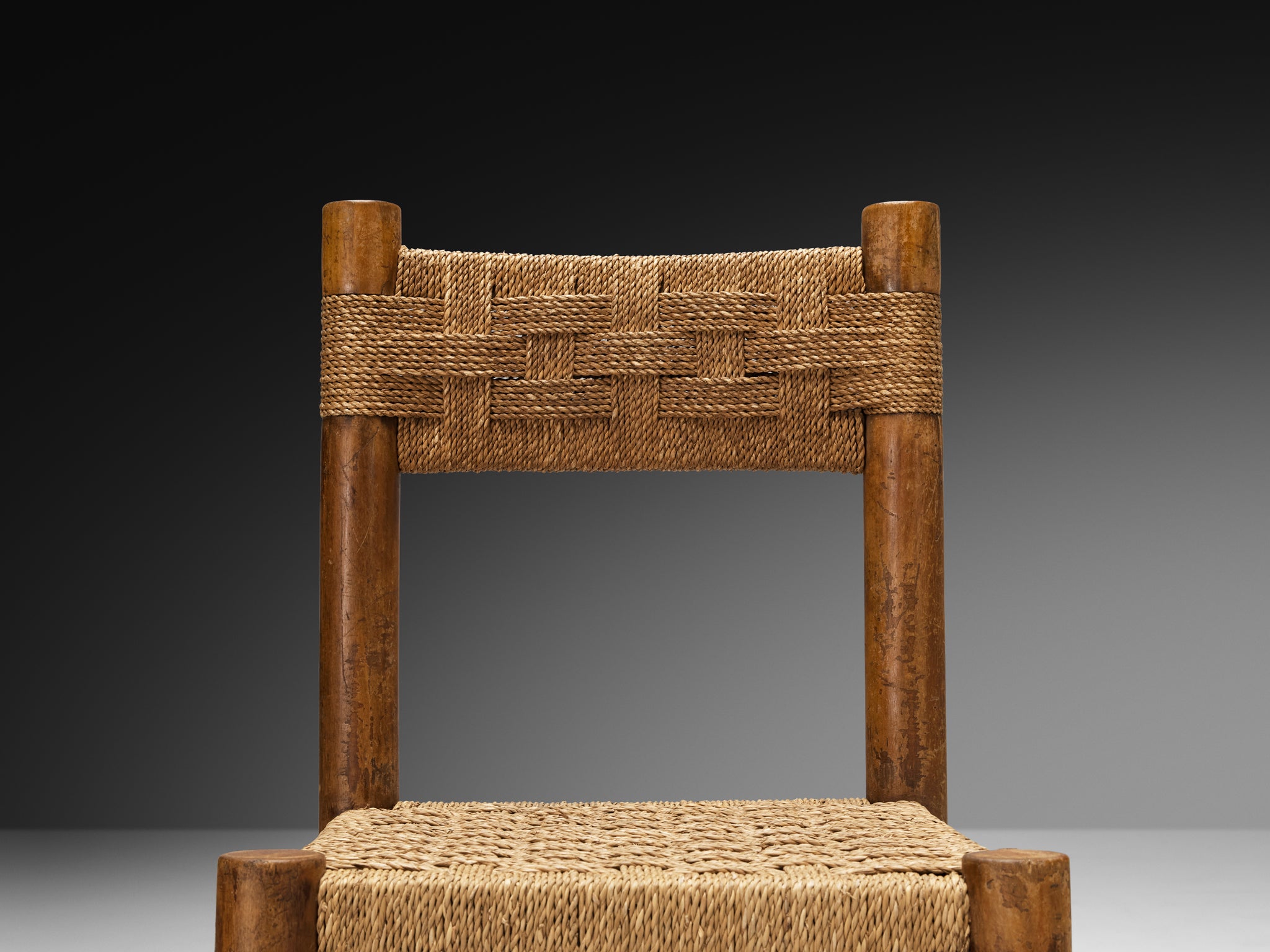 French Mid-Century Rustic Modern Dining Chairs in Wood and Rush