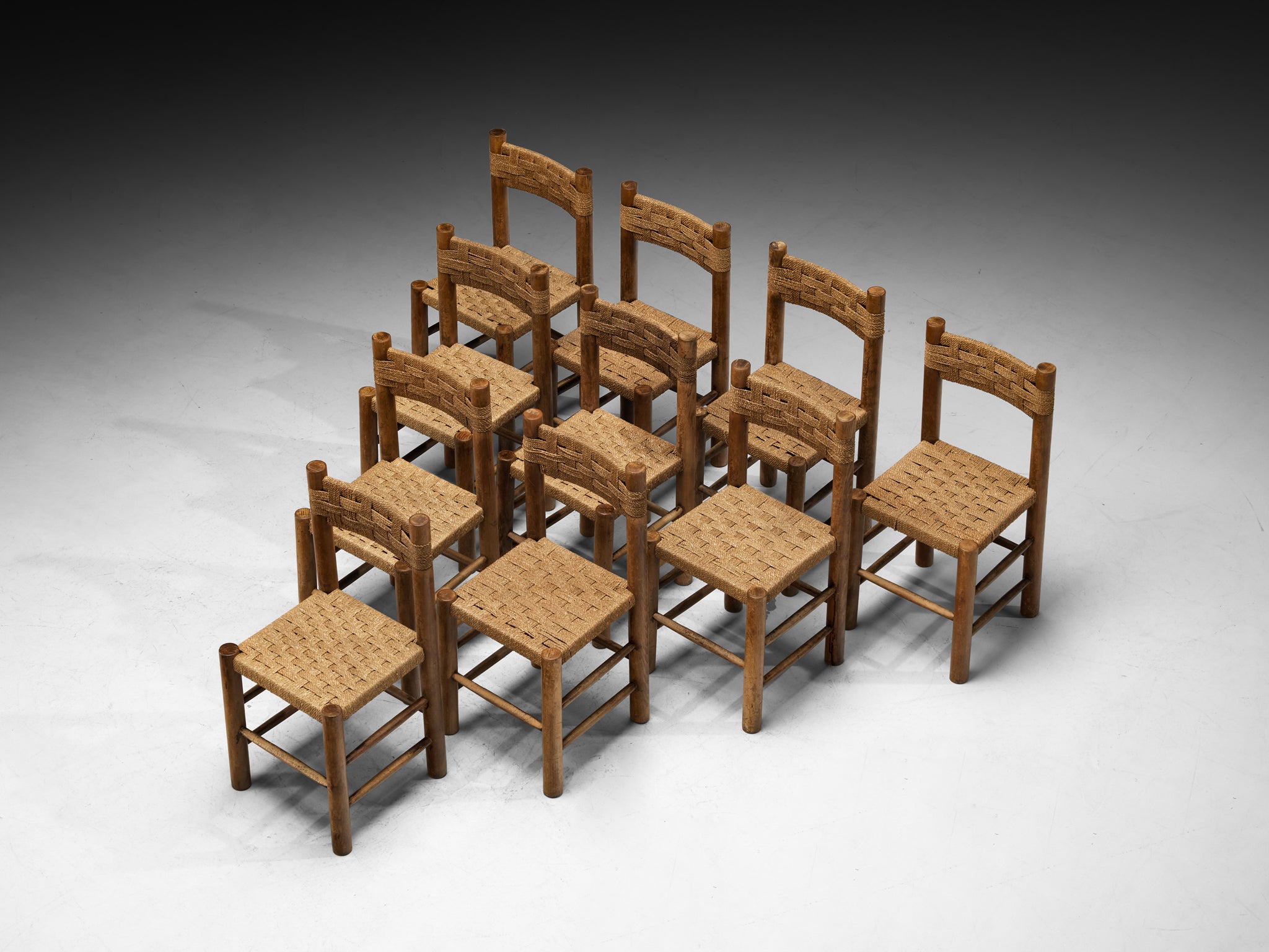 French Mid-Century Rustic Modern Dining Chairs in Wood and Rush