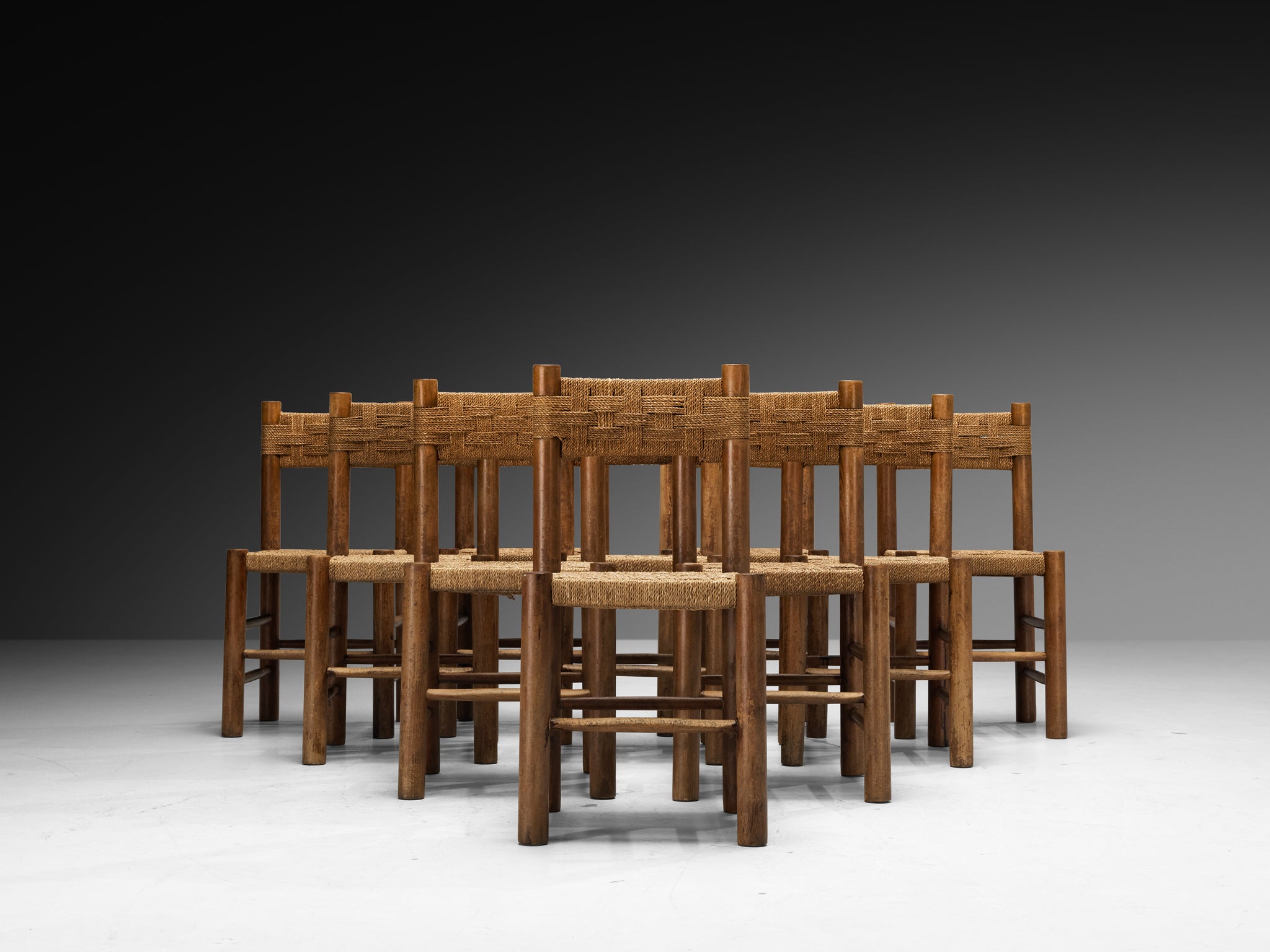 French Mid-Century Rustic Modern Dining Chairs in Wood and Rush