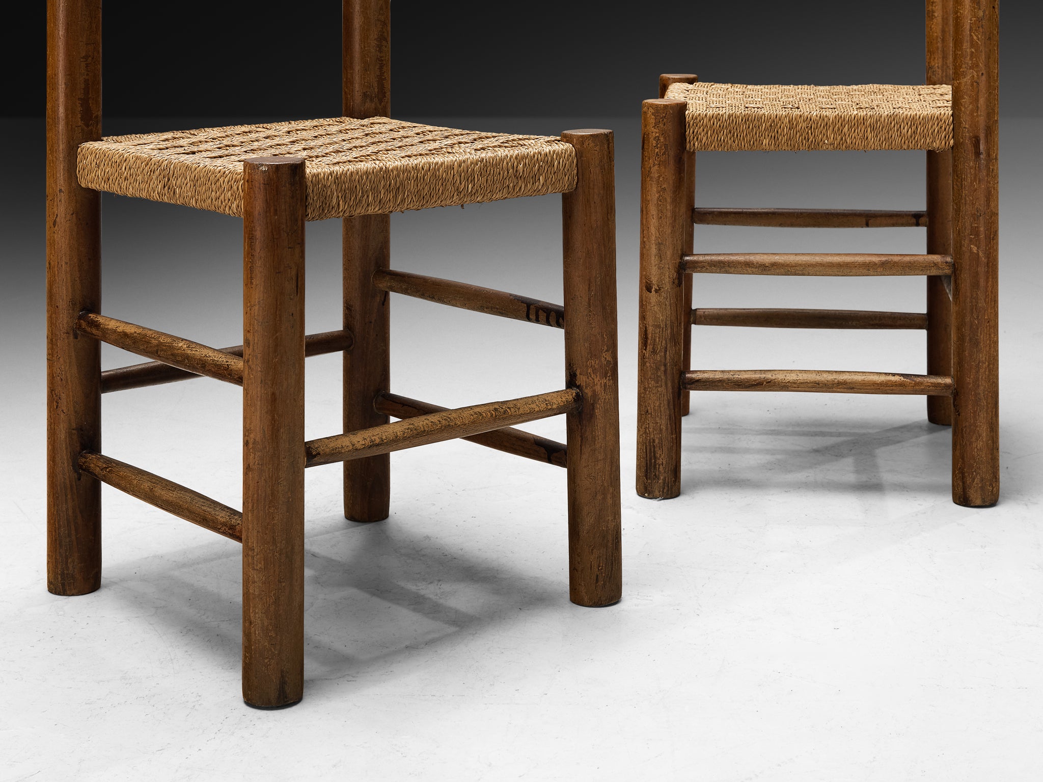 French Mid-Century Rustic Modern Dining Chairs in Wood and Rush
