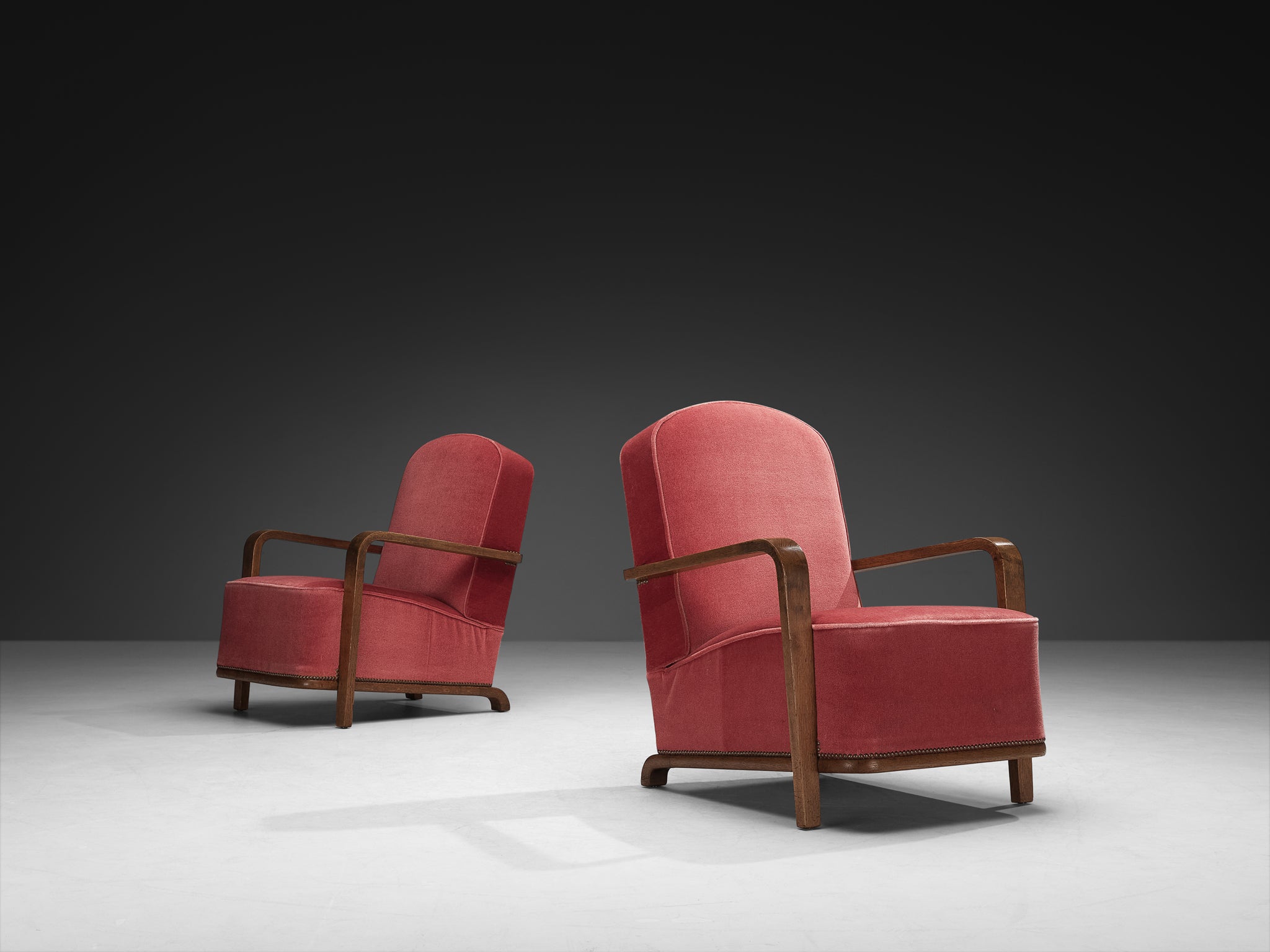 Pair of Art Deco Lounge Chairs in Oak and Pink Velvet Seating Morentz