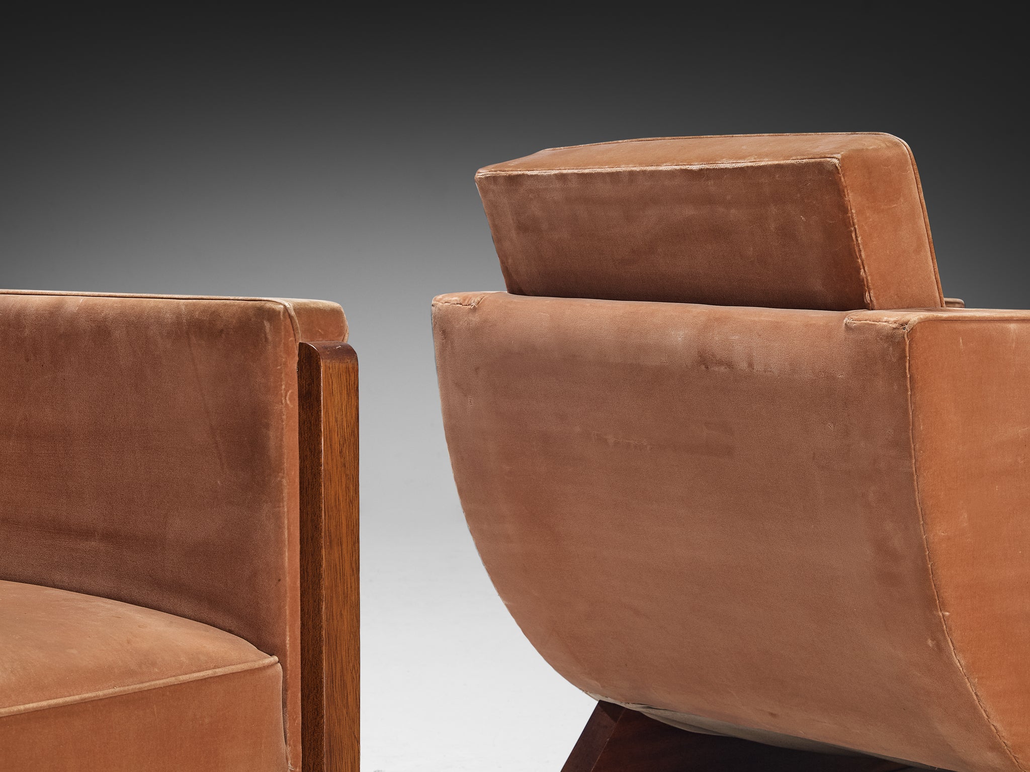 French Art Deco Pair of Club Chairs in Peach Brown Velvet and Mahogany Seating Morentz