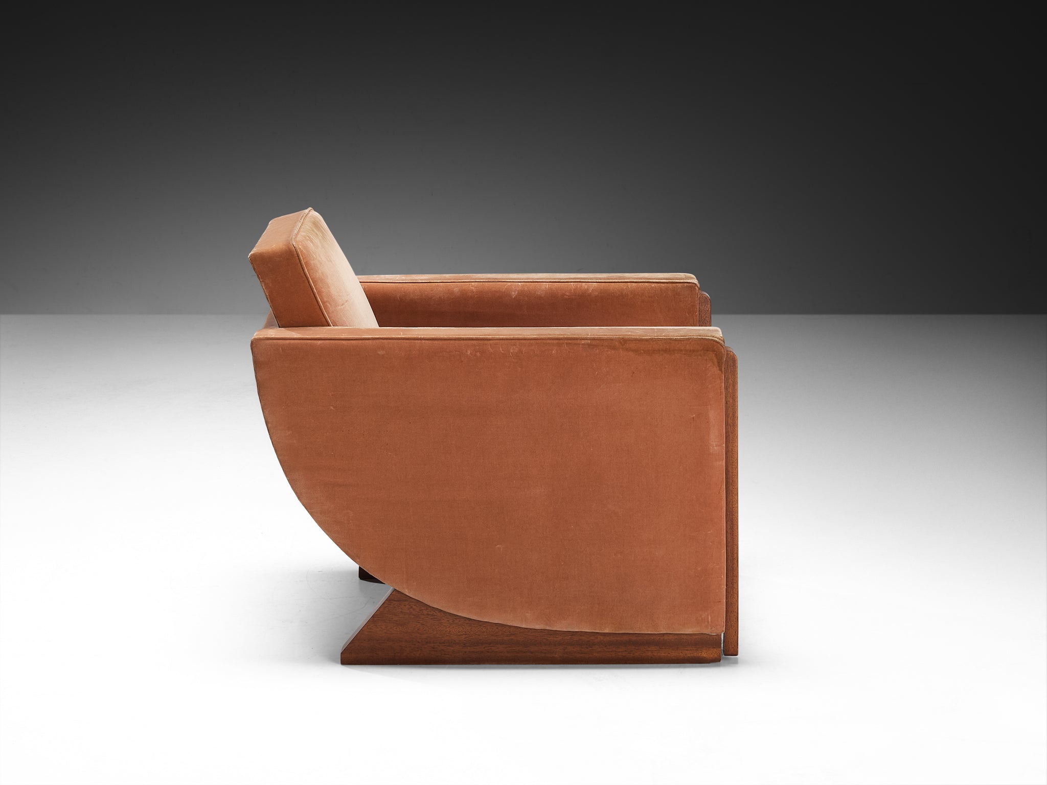 French Art Deco Pair of Club Chairs in Peach Brown Velvet and Mahogany Seating Morentz