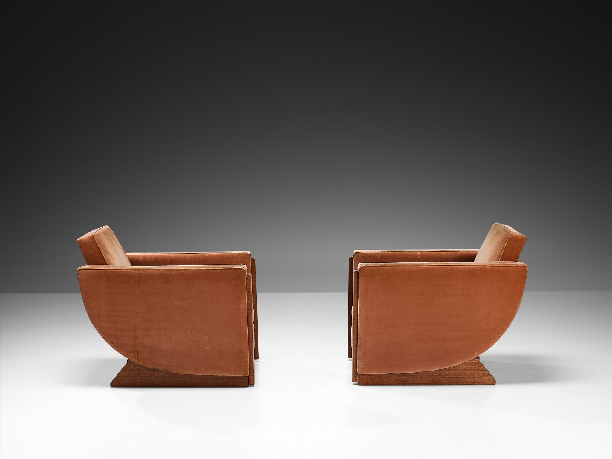 French Art Deco Pair of Club Chairs in Peach Brown Velvet and Mahogany Seating Morentz