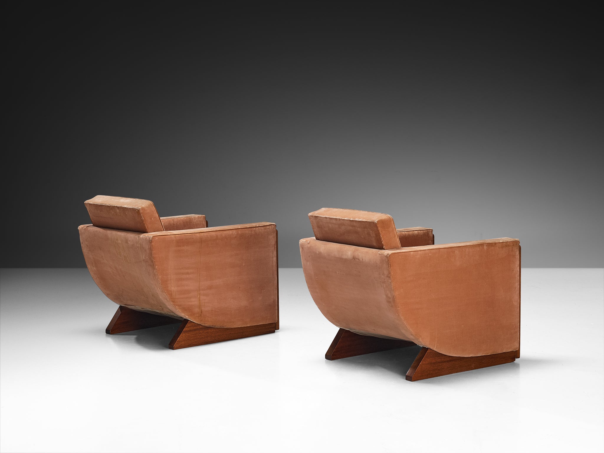 French Art Deco Pair of Club Chairs in Peach Brown Velvet and Mahogany Seating Morentz