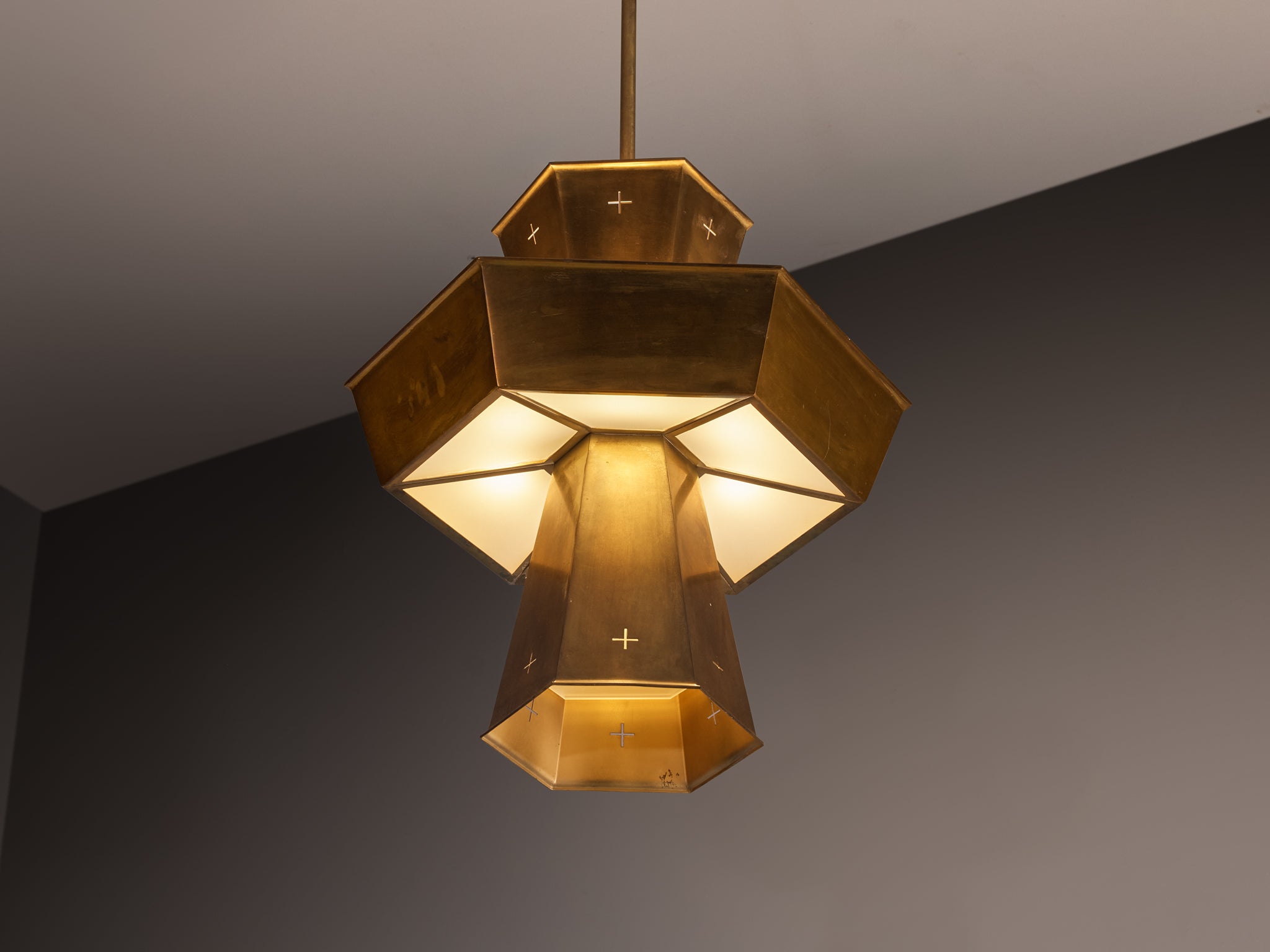 Rare Pair of Swedish 1950s Monumental Brass Pendant Lamps Lighting Morentz