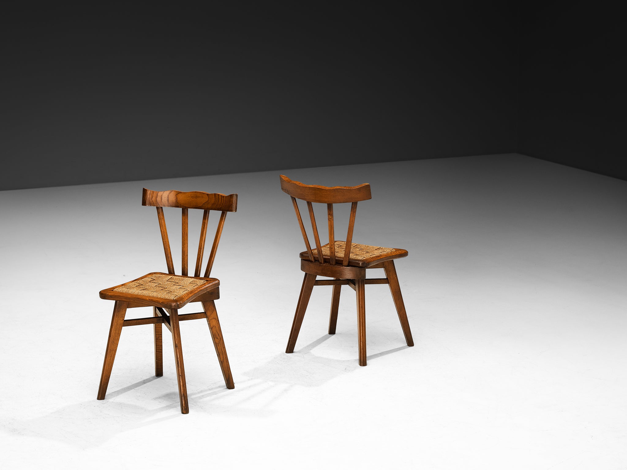 Ernesto Valabrega for Vittorio Valabrega Pair of Chairs in Chestnut and Rush Seating Morentz