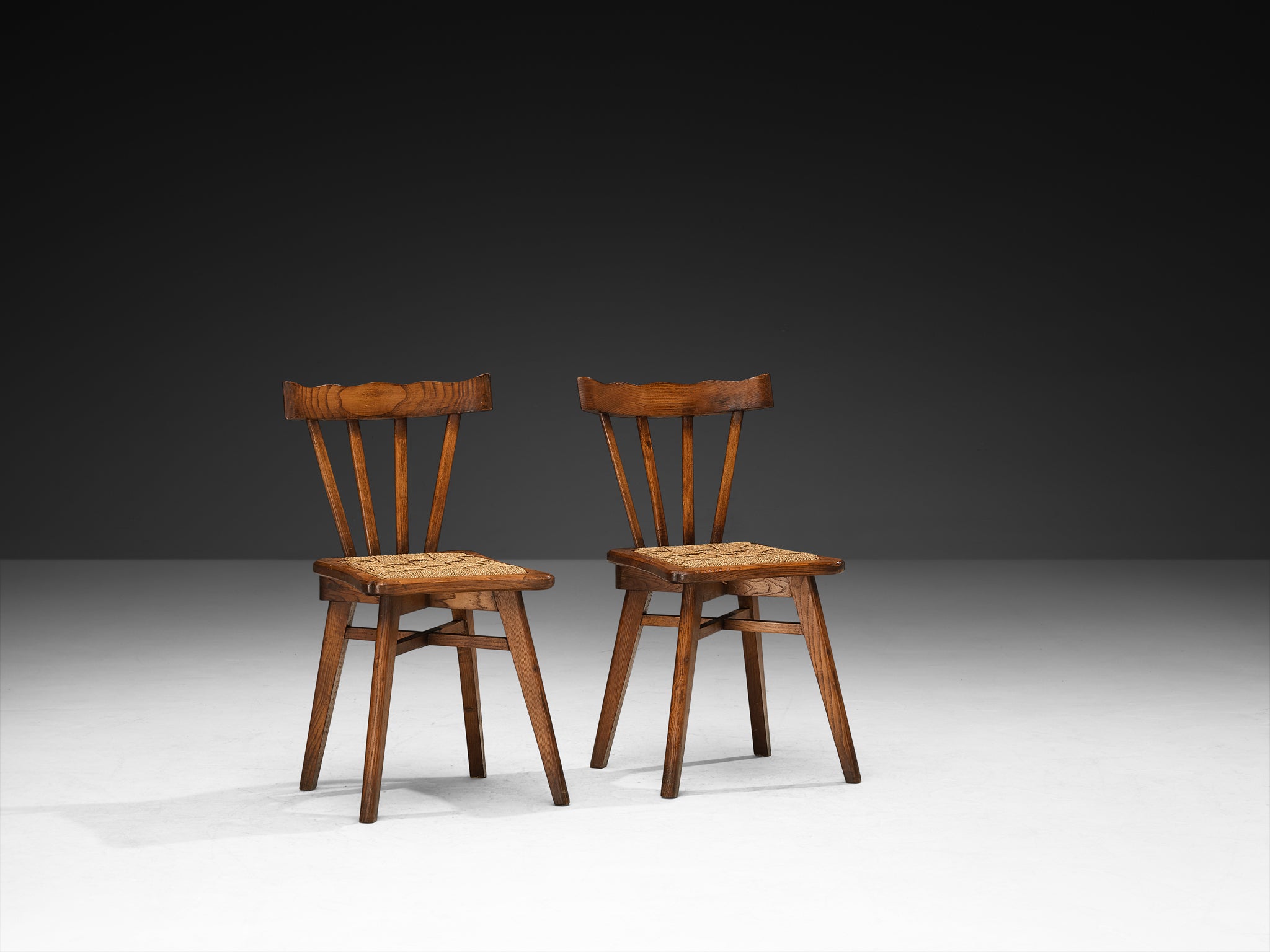 Ernesto Valabrega for Vittorio Valabrega Pair of Chairs in Chestnut and Rush Seating Morentz