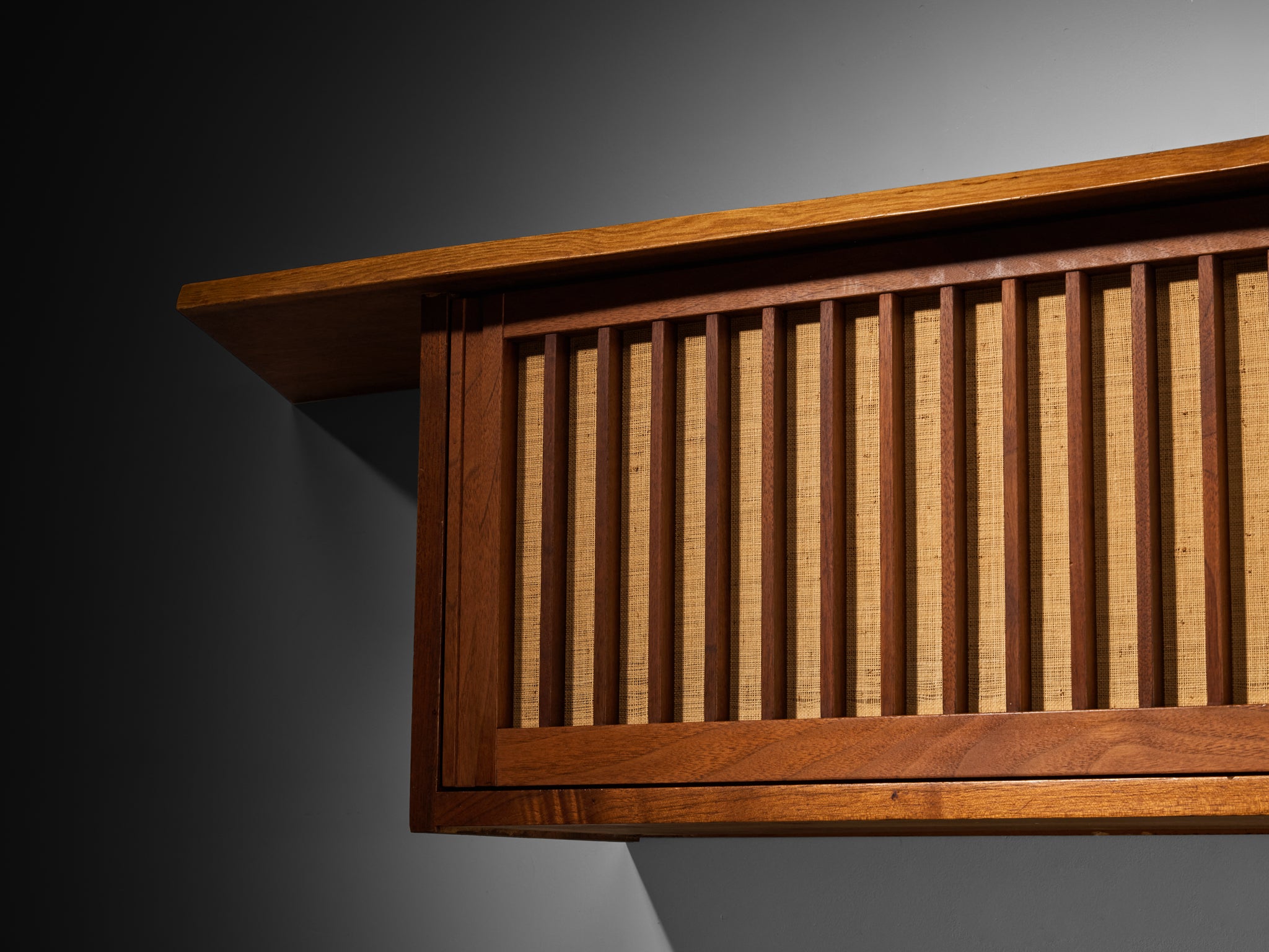 George Nakashima Wall-Mounted Sideboard in Walnut and Pandanus Cloth Case pieces and storage cabinets Morentz