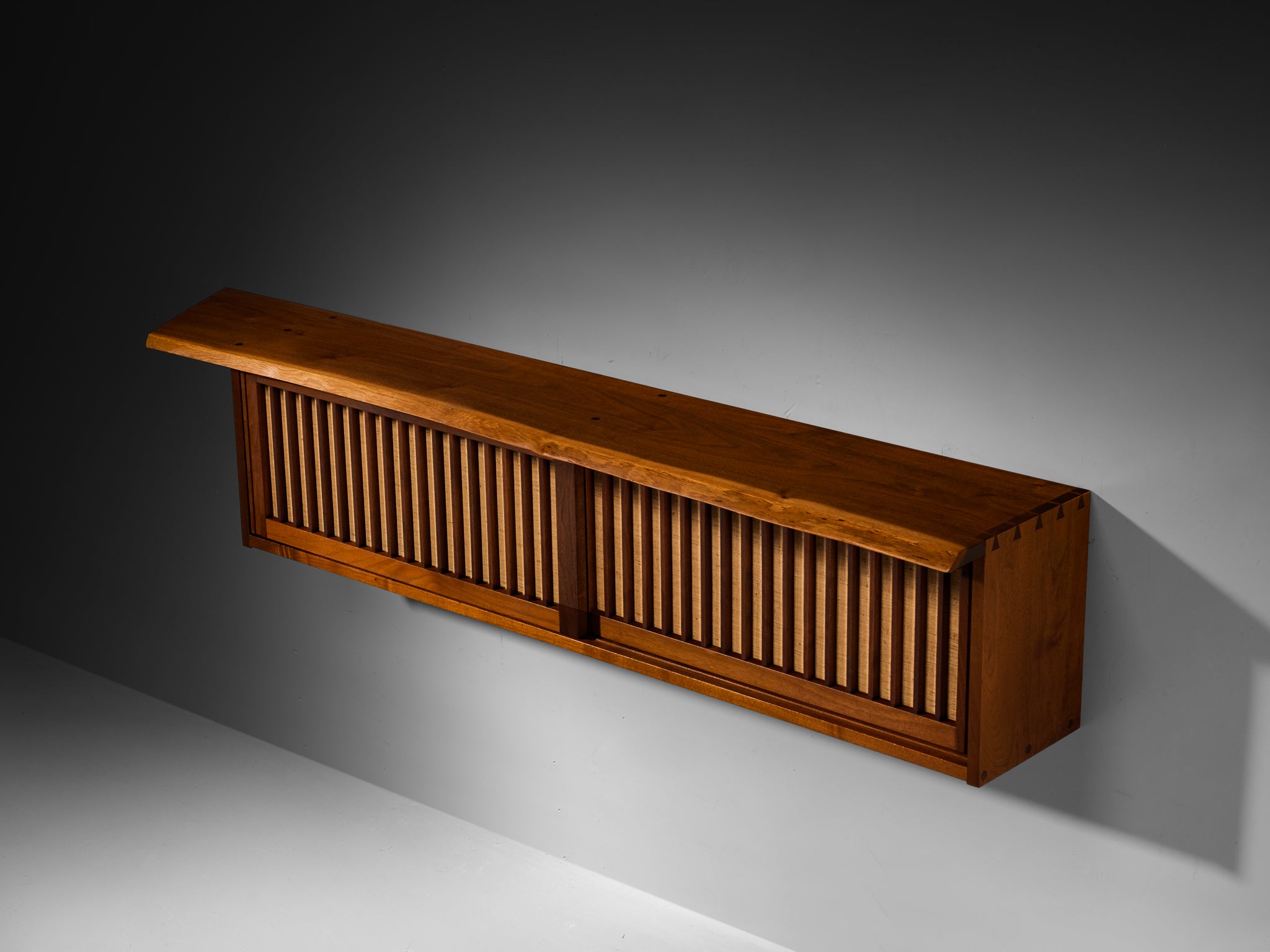 George Nakashima Wall-Mounted Sideboard in Walnut and Pandanus Cloth Case pieces and storage cabinets Morentz