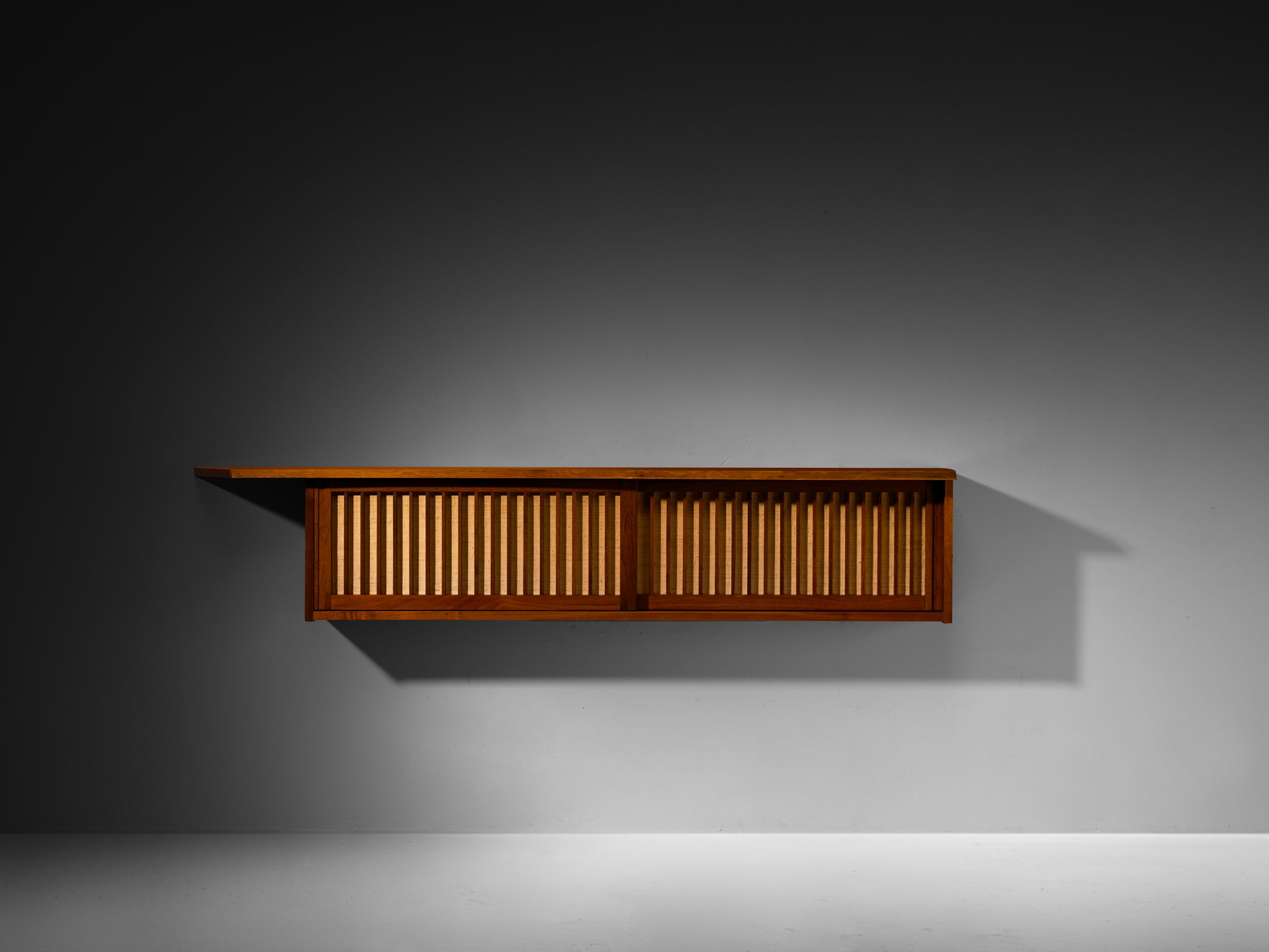 George Nakashima Wall-Mounted Sideboard in Walnut and Pandanus Cloth Case pieces and storage cabinets Morentz