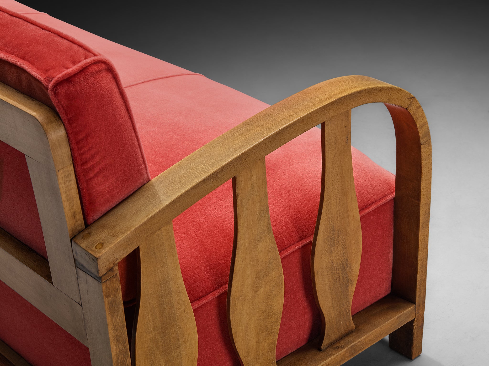 1950s Three-Seat Sofa in Pink Velvet and Carved Wood Seating Morentz