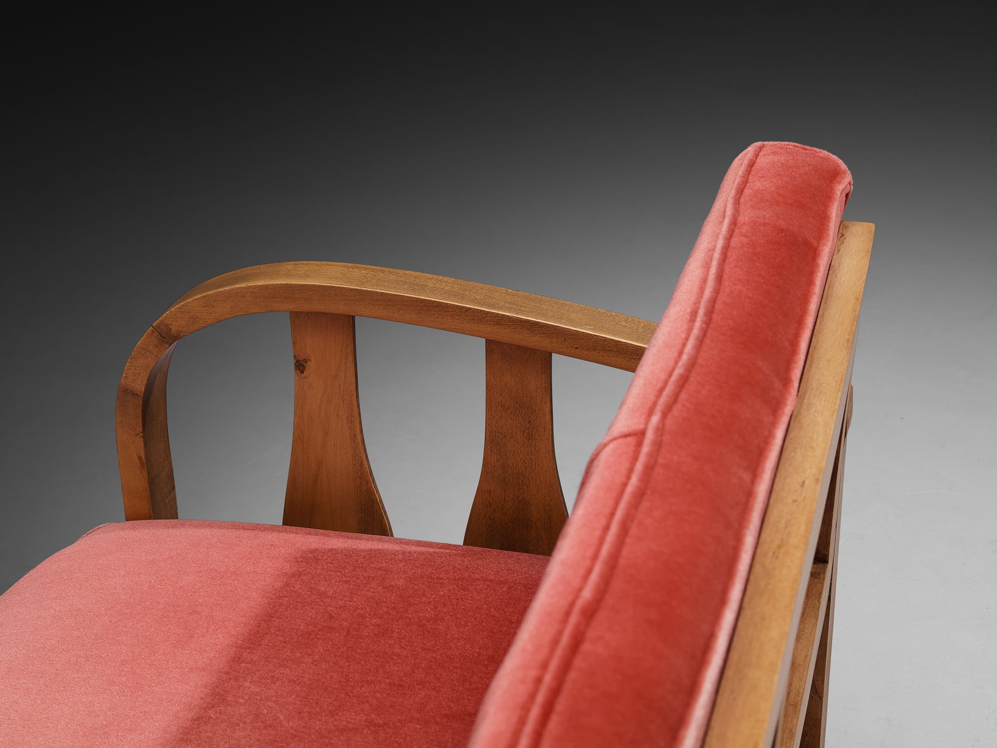 1950s Three-Seat Sofa in Pink Velvet and Carved Wood Seating Morentz