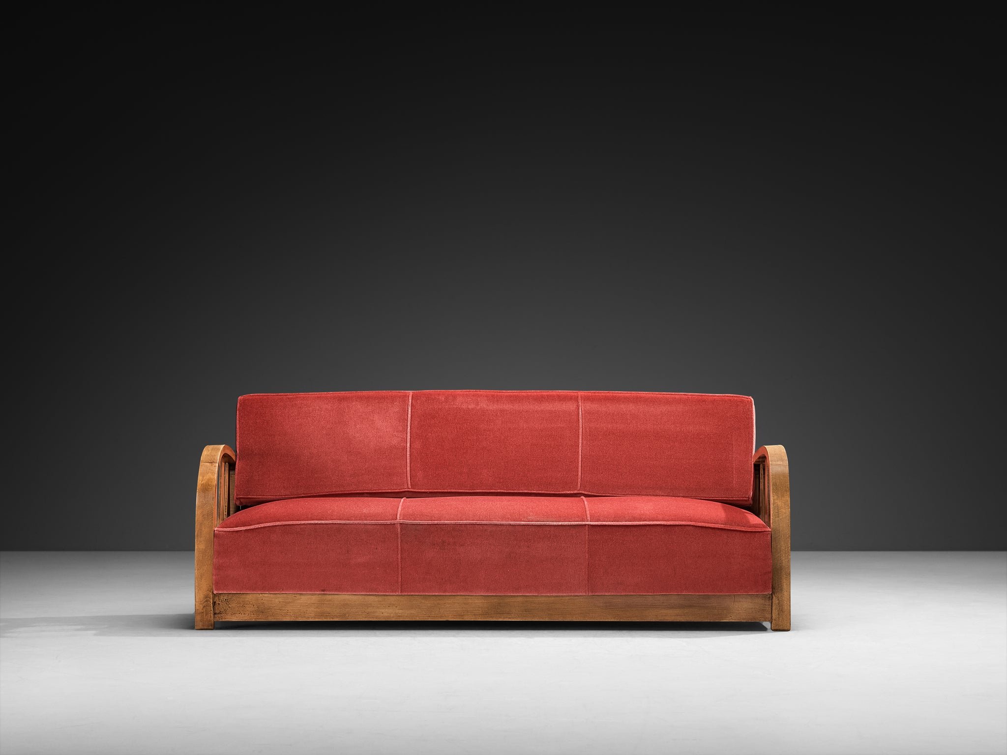 1950s Three-Seat Sofa in Pink Velvet and Carved Wood Seating Morentz