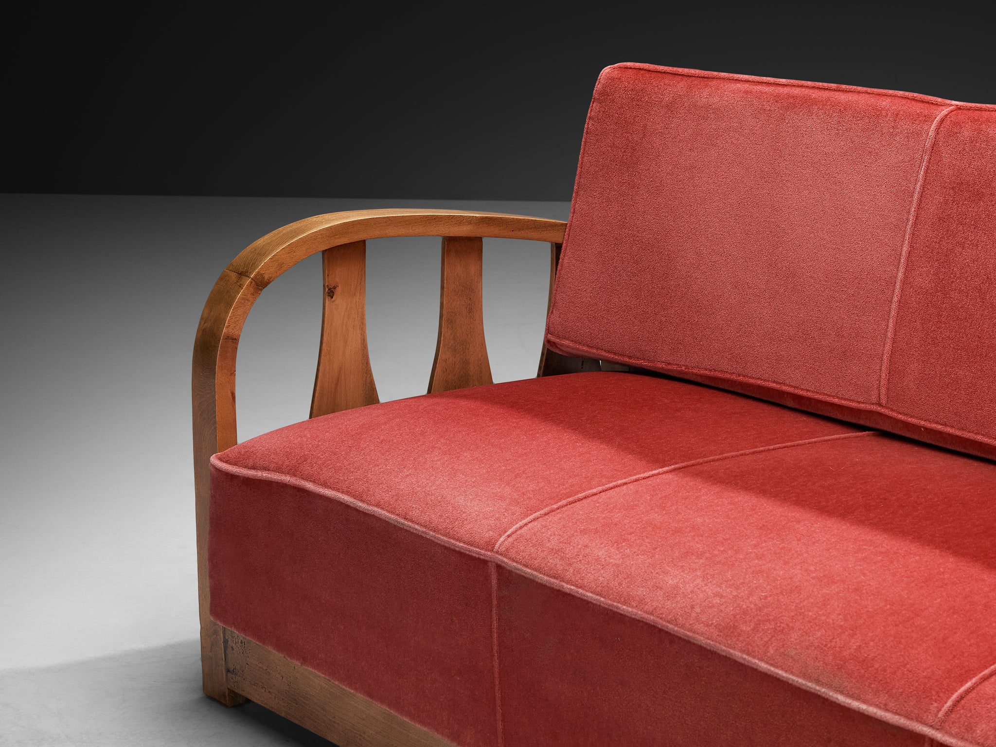 1950s Three-Seat Sofa in Pink Velvet and Carved Wood Seating Morentz