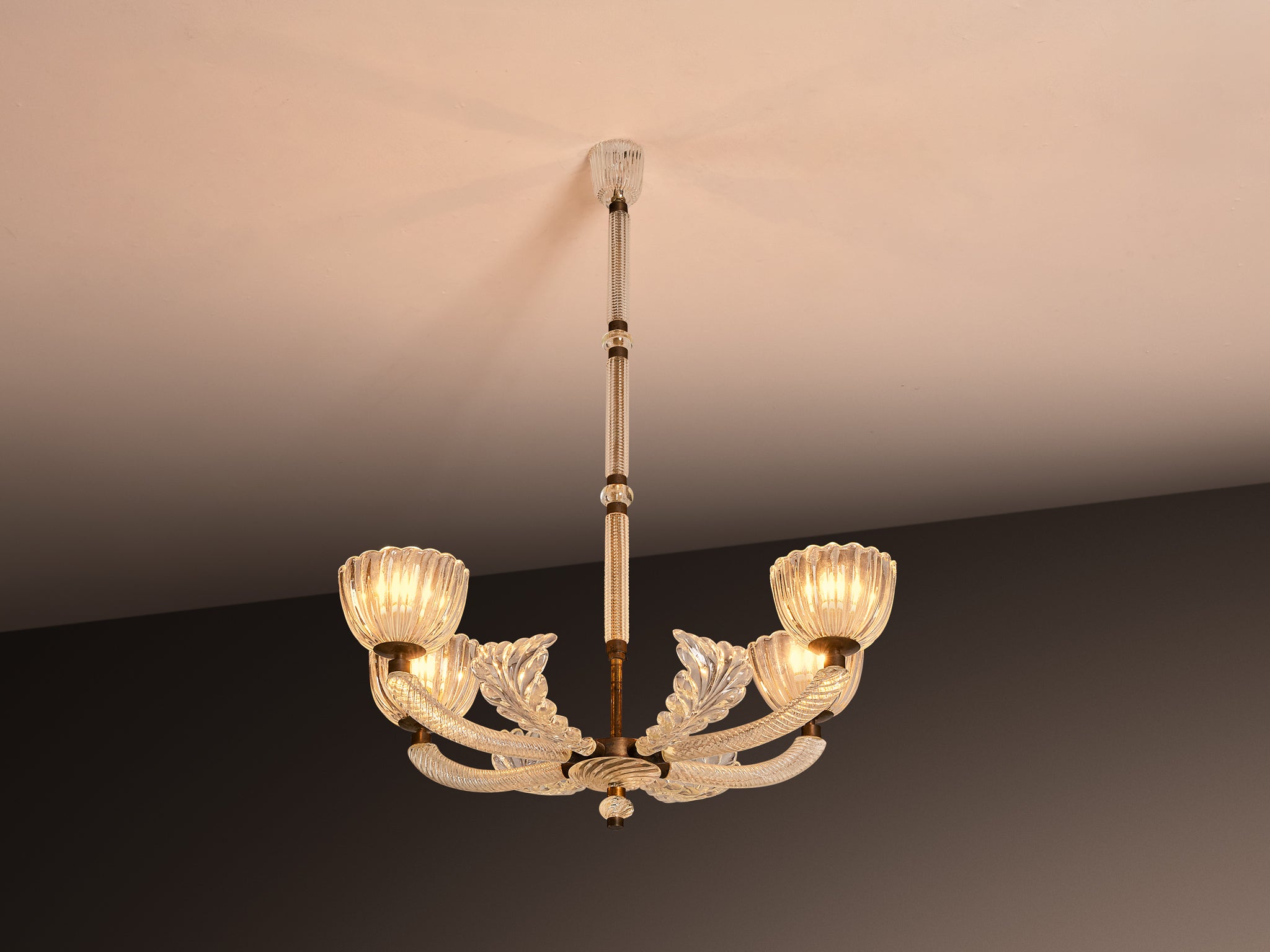 Barovier & Toso Italian Chandelier in Crystal Glass and Brass Lighting Morentz