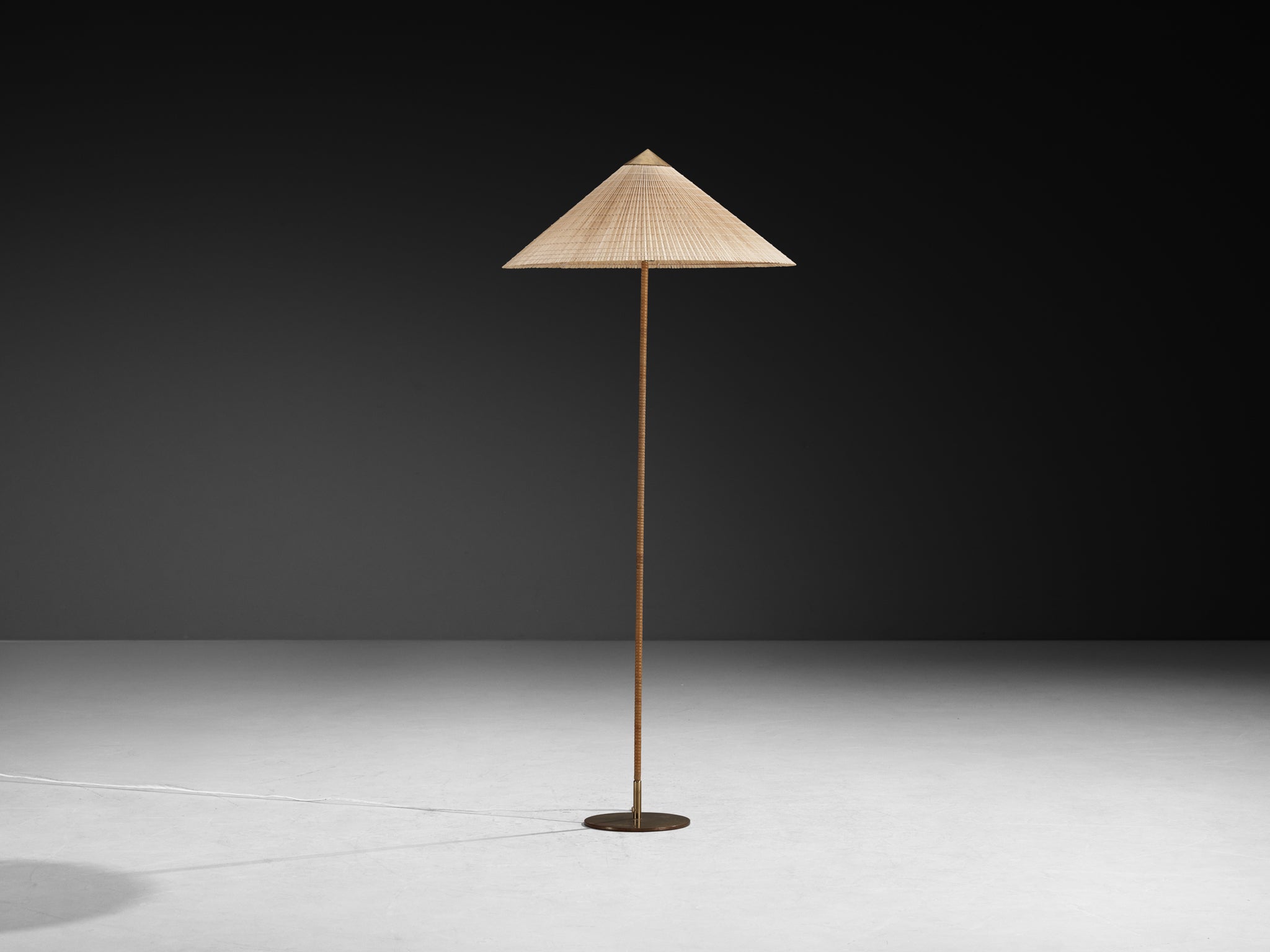 Paavo Tynell for Taito Oy '9602' Chinese Hat Floor Lamp in Cane and Brass Lighting Morentz