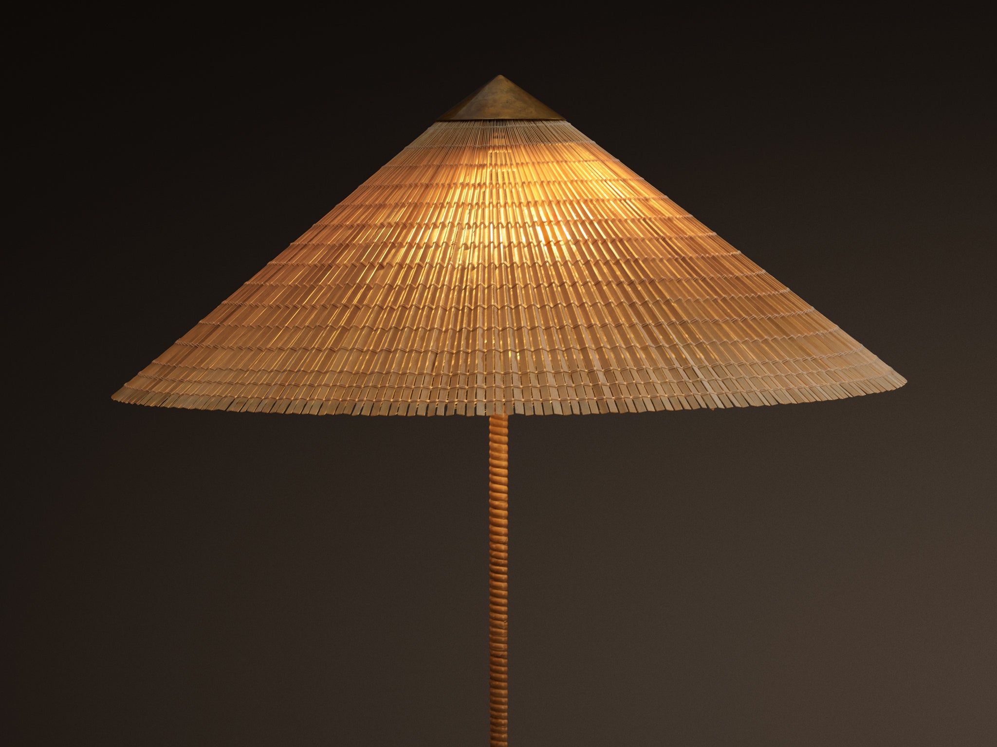 Paavo Tynell for Taito Oy '9602' Chinese Hat Floor Lamp in Cane and Brass Lighting Morentz